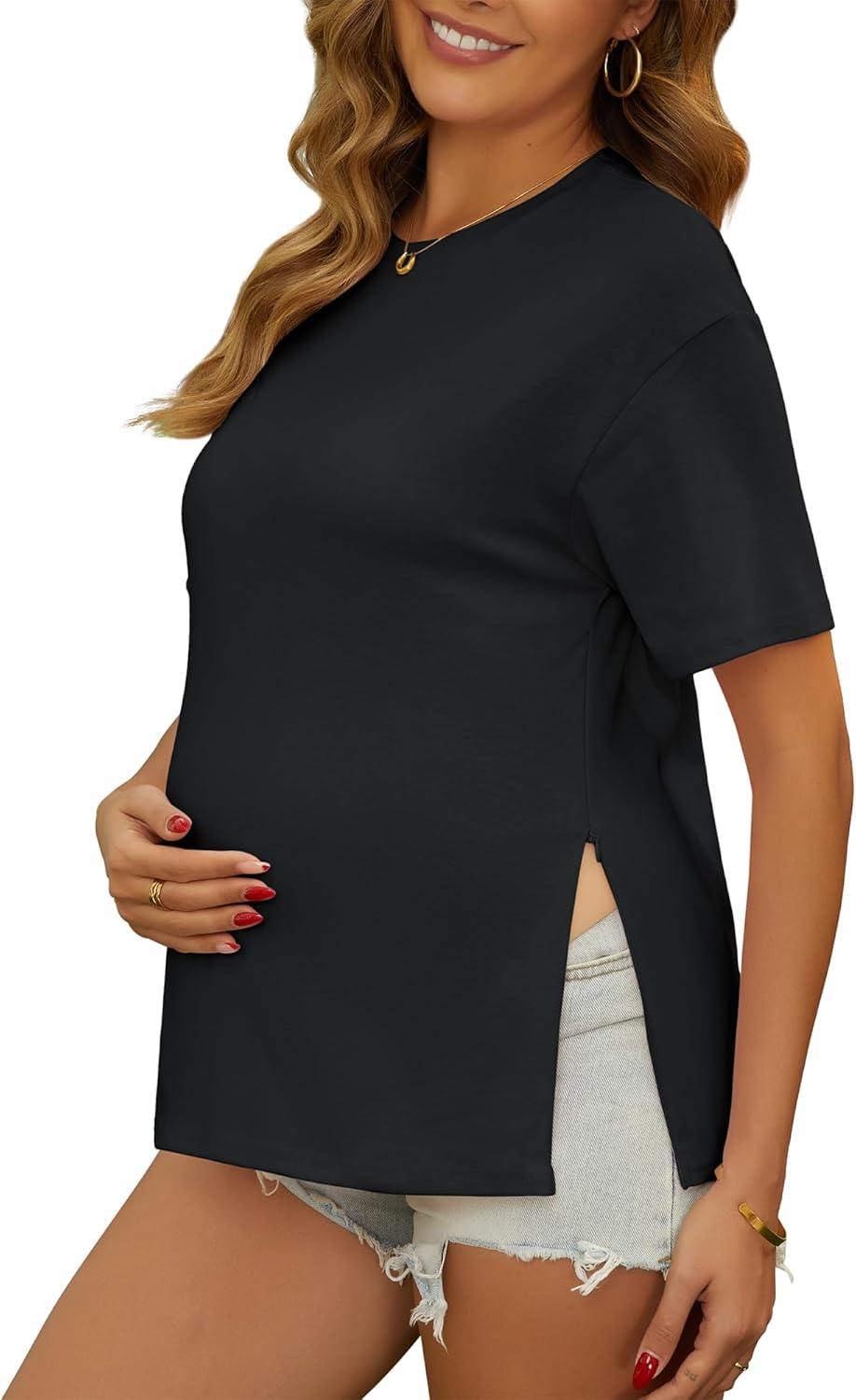 Women's Maternity Shirts Hidden Zipper Cotton Tees Split Side Short Sleeve Postpartum Nursing Pregnancy Tops