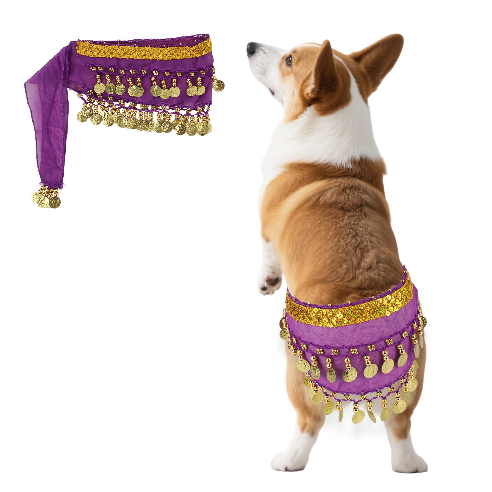 Dog Belly Dance Skirt with Sequins, Bling Belly Dance Hip Scarf for Corgis Dog Adjustable Puppy Dancing Costume for Birthday Parties Halloween & Celebration Performances (Purple)