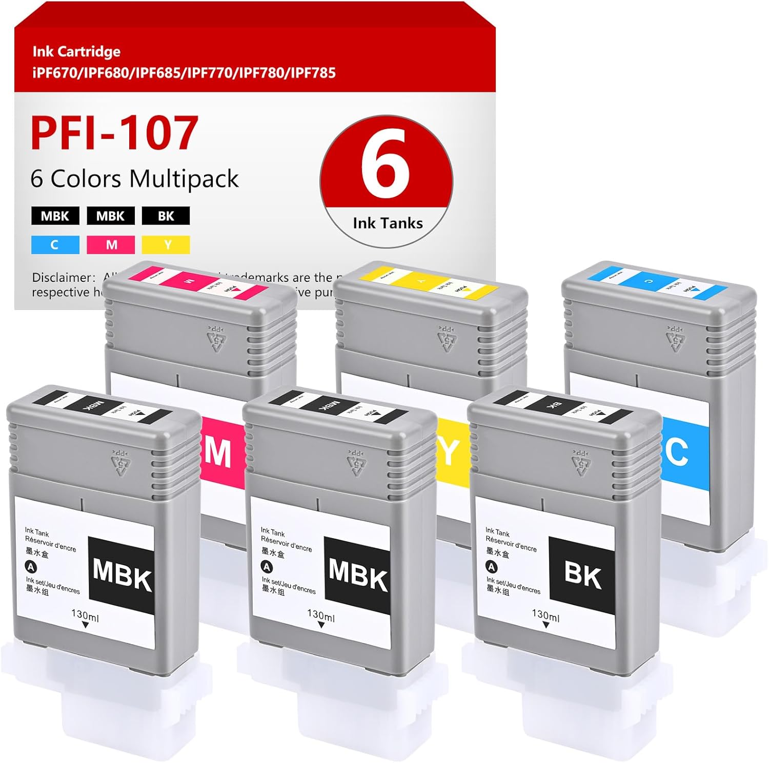 PFI-107 Ink Tank Compatible for Canon iPF780, iPF785, iPF670, iFP770, iFP680, iFP685, Replacement for PFI-107MBK PFI-107BK PFI-107C PFI-107M PFI-107Y (6 Pack, 130ml)