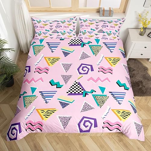 Miniatura 18 de Memphis - Juego de funda de edredón – Ropa de cama vintage amarillo púrpura con patrón de estilo retro, formas geométricas, ilustraciones