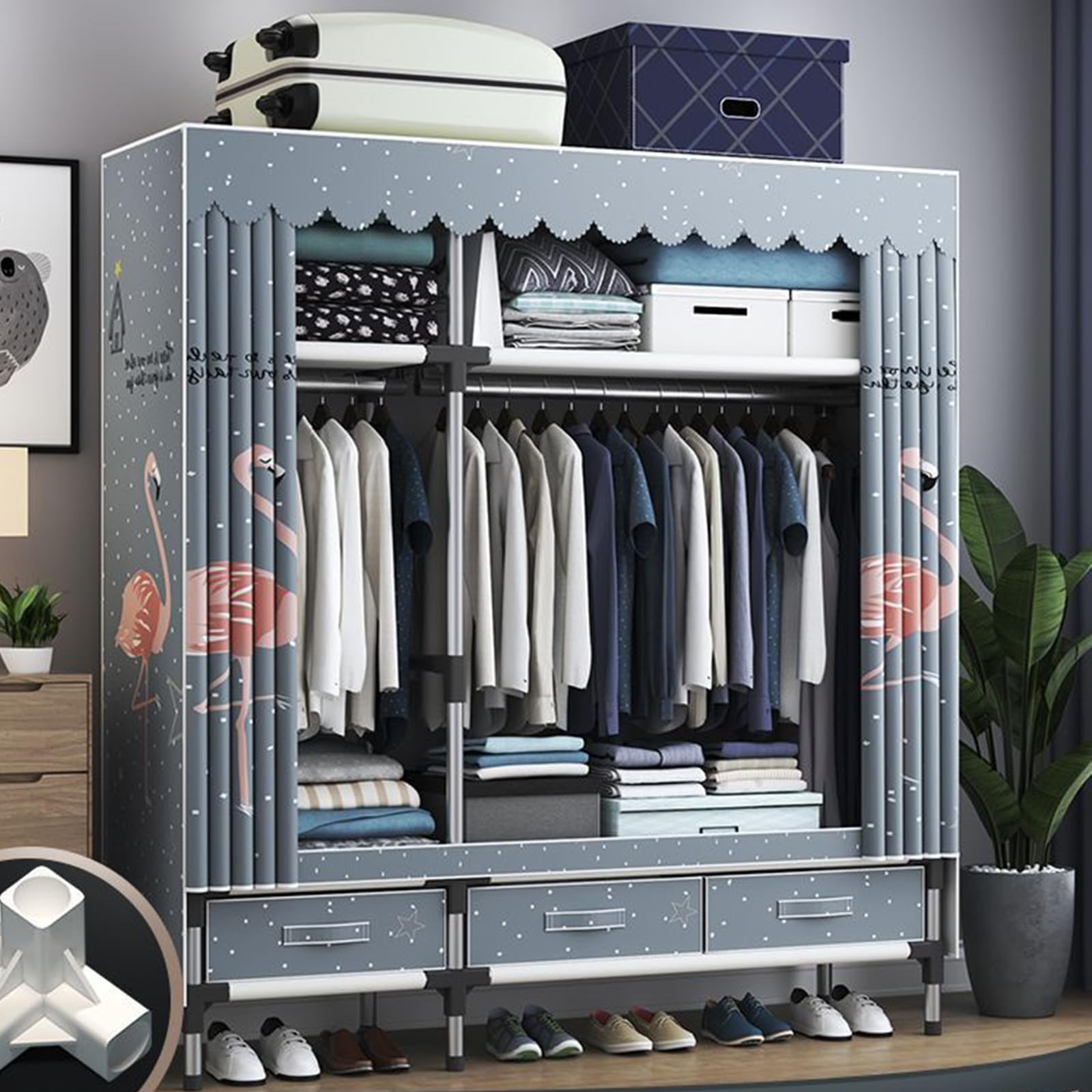 Armadio guardaroba portatile, guardaroba in tessuto con 2 binari appendiabiti, organizer per armadio, armadio combinato, armadio modulare, organizer per camera da letto, vestiti, scarpe, gio