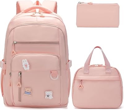 Kawaii Girls Backpack with Lunch Box Set, Cute Aesthetic Backpack Teens Bookbag for Middle High School Pink
