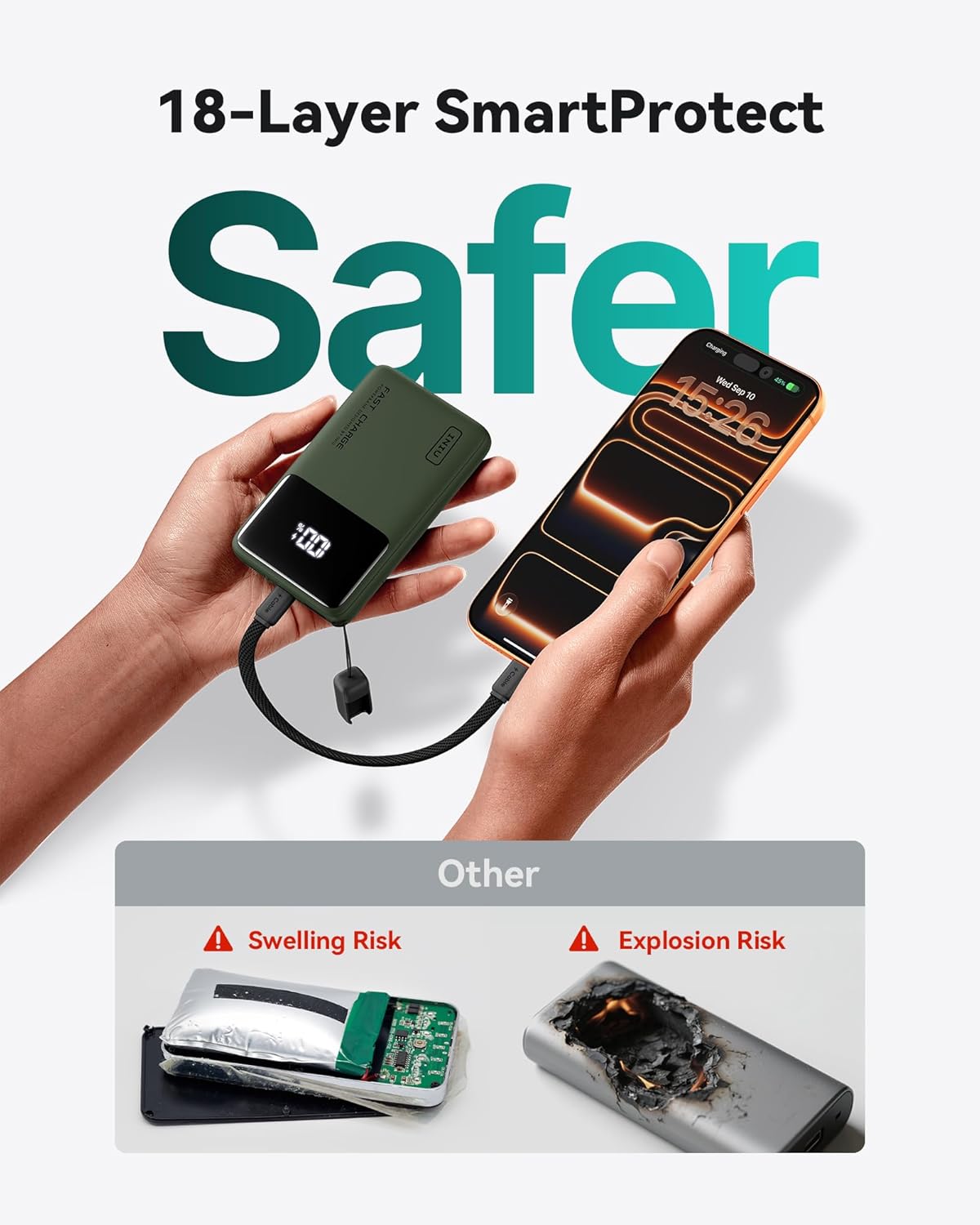 INIU Small Portable Charger, 45W PD Fast Charging 10000mAh Power Bank, Battery Pack with Attached USB C Cable, Travel Essentials Powerbank for iPhone 17 16 15 14 Pro Air, Xiaomi, Samsung S25, Green