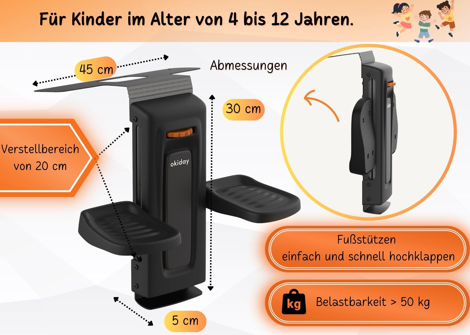 Kindersitz Fußstütze für Kinder 4 bis 12 Jahre für korrekte & bequeme Sitzposition| Farbe Orange | Fußstütze Kindersitz Höhenverstellbar - TÜV Zertifiziert