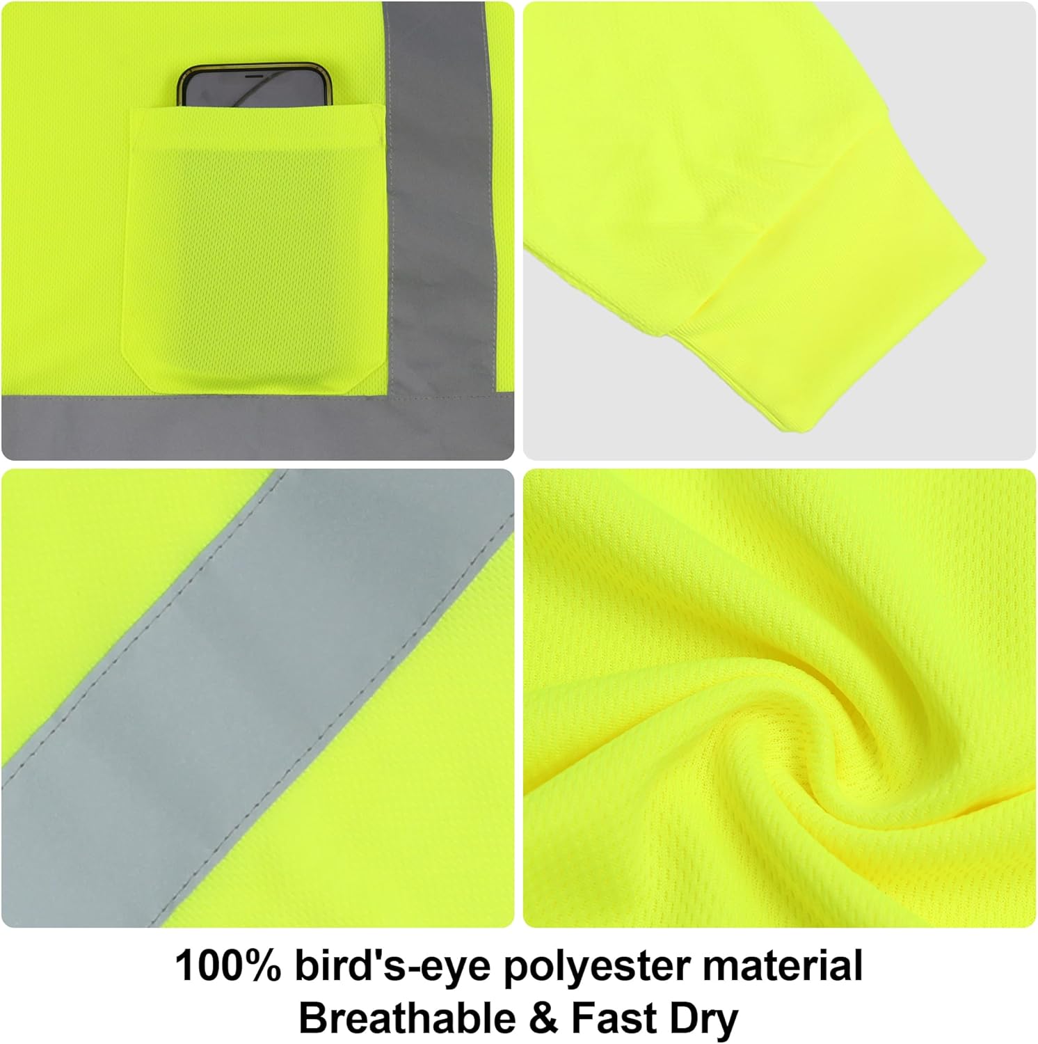 Hi Vis Safety Long Sleeve Shirts for Men, Reflective Construction Work Shirt Fast Dry with Pocket 6 Pack - Image 7