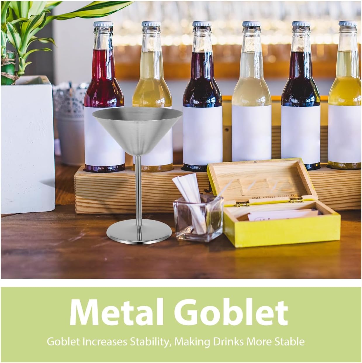 Cabilock Stainless Steel Martini Cocktail Goblets 10oz Metal Cocktail Cups Silver High Stem Barware for Party Wedding Red Wine Serving