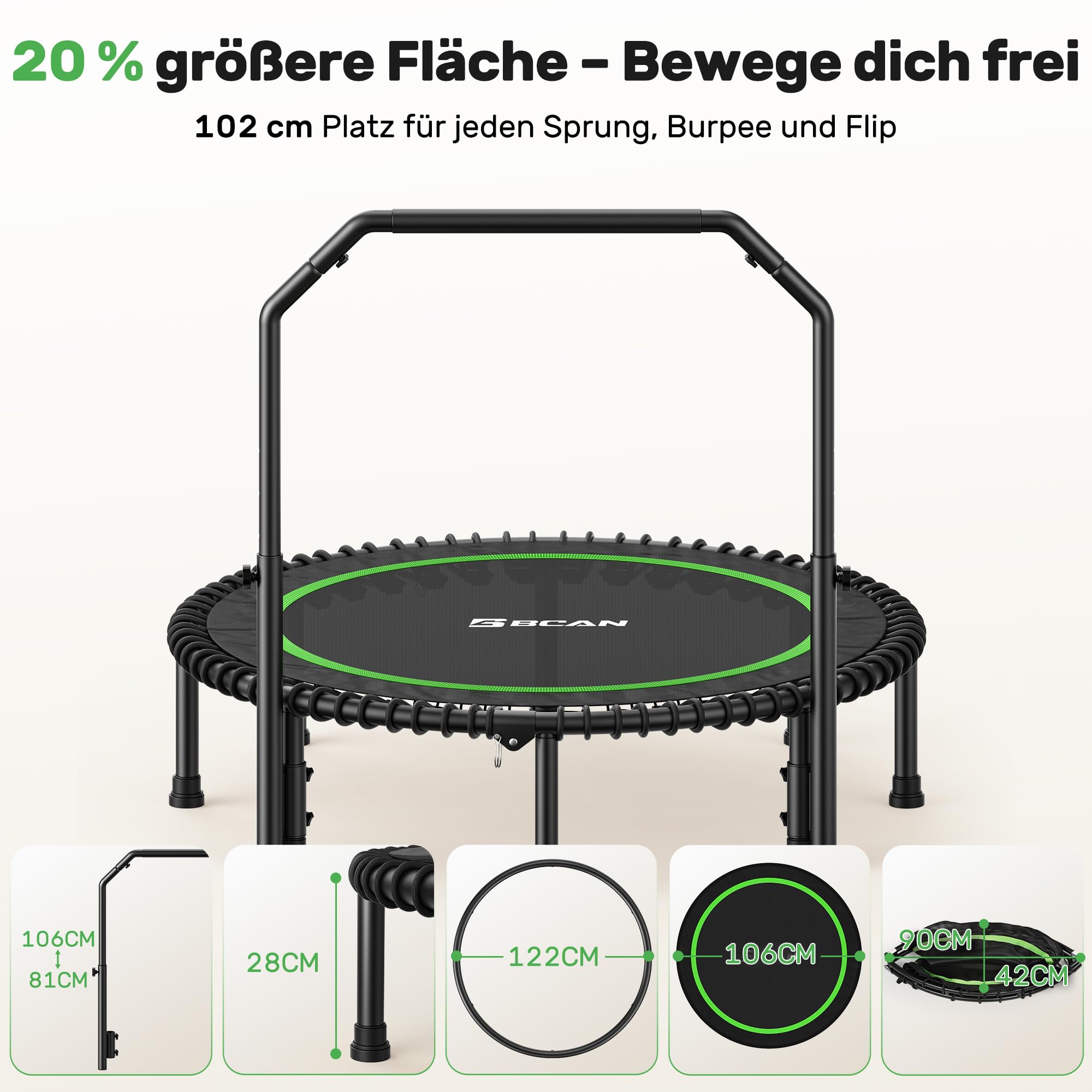 BCAN Rebounder-Trampolin für Erwachsene,102/122cm,204/250kg Belastbarkeit,mit Bungee-Seilen,verstellbarem Griff,stabil,leise,für drinnen und draußen,Ganzkörpertraining,Entspannung zu Hause