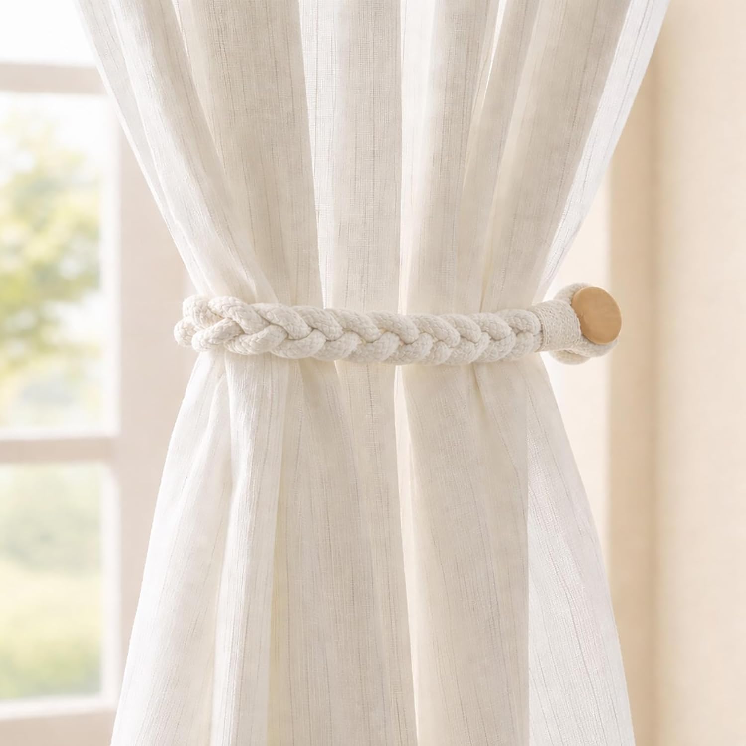 Set of 2 Curtain Tiebacks with Magnetic Closure, 19 x 0.5 in Ecru - Braided Rope Wrap Around Design for Sheer and Curtain Panels - Tool Free Holdbacks