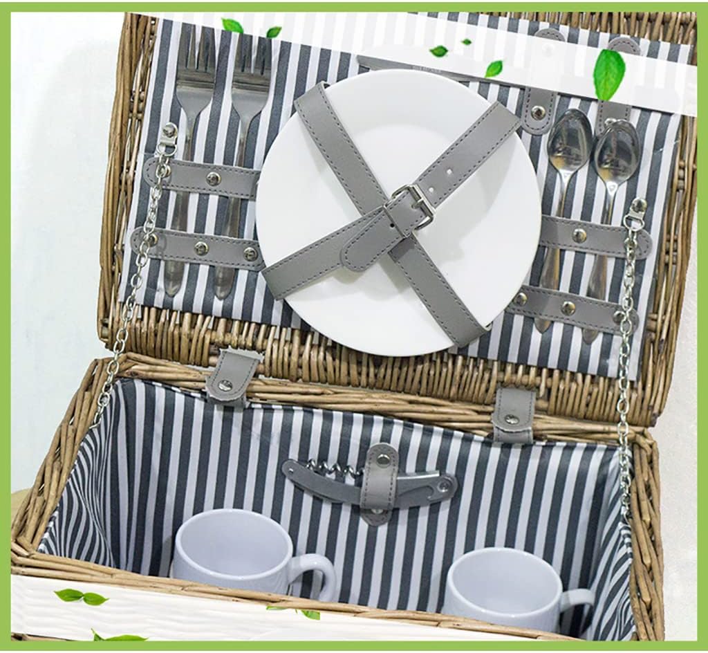 Picnic Basket Set 2 Person Wicker Picnicr with Ceramic Plates,Cutlery,Ceramic Cup,Corkscrew,Picnic Blanket for Camping,Outdoor,Valentine Day,Chirtmas,Thanks Giving,Birthday. (B 37 * 27 * 19cm)