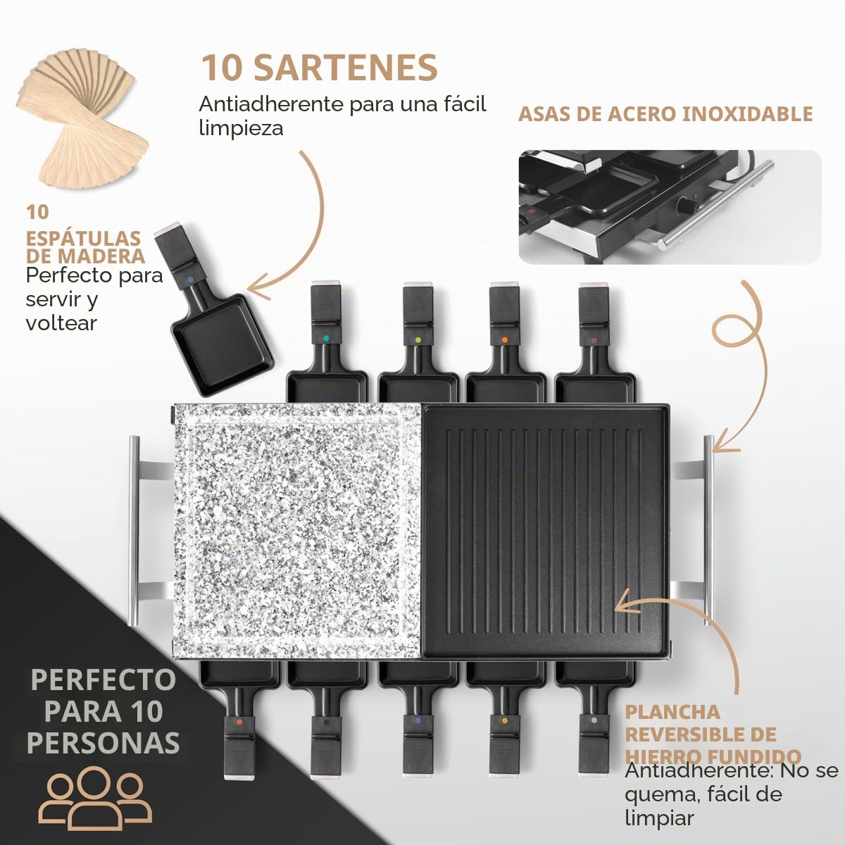 Parrilla de raclette ProfiCook 2 en 1,raclette 10 personas, raclette con placa de piedra y placa de parrilla, revestimiento antiadherente, termostato continuo, 1700 vatios, acero inoxidable,PC-RG 1144