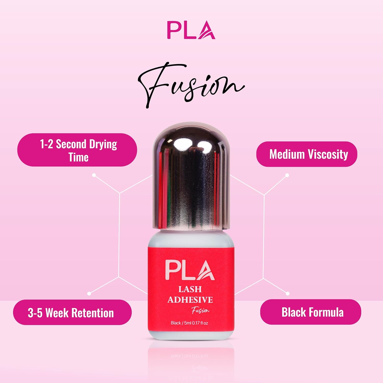 PLA® Fusion Lash Extension Glue | 1-2 Sec Drying Professional Eyelash Extension Glue | Waterproof Lash Glue for Eyelash Extensions | 5 Week Retention Eyelash Glue | Black Lash Glue | 5ml Lash Adhesive