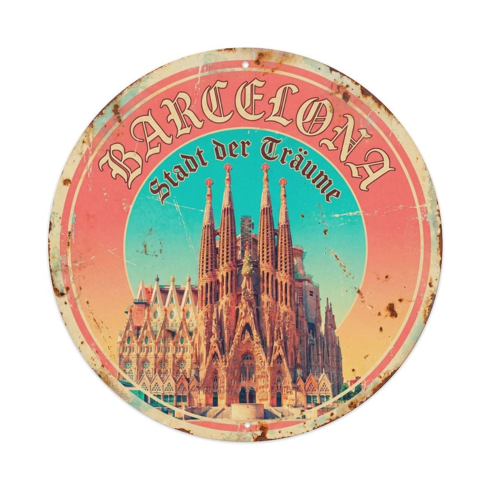 Vintage Travel Sagrada Familia Barcelona Metal Tin Sign Plaque Wall Decor for Cafe, Club, Garden Round Metal Poster 8x8Inch
