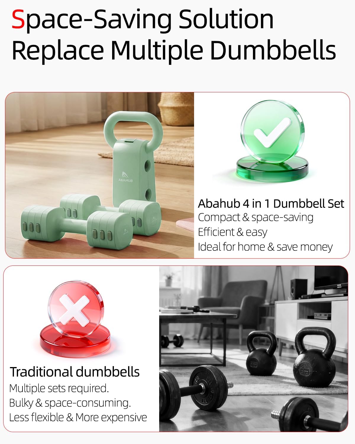 Abahub Dumbbell Set for Home Gym, 4 in 1 Adjustable Weights Dumbbells Set with Kettlebell Grip Converter for Women