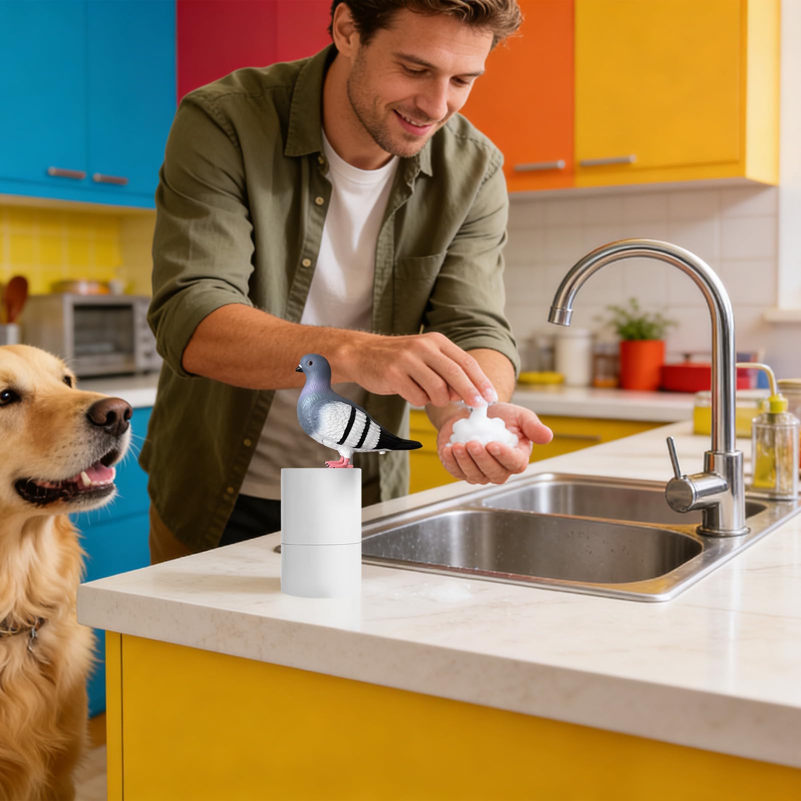 Dispenser di sapone intelligente – Pompa automatica in schiuma touchless, design Peace Bird, unità portatile azionata con sensore, dispenser di schiuma per cucina, casa, bagno, dormitorio, hotel