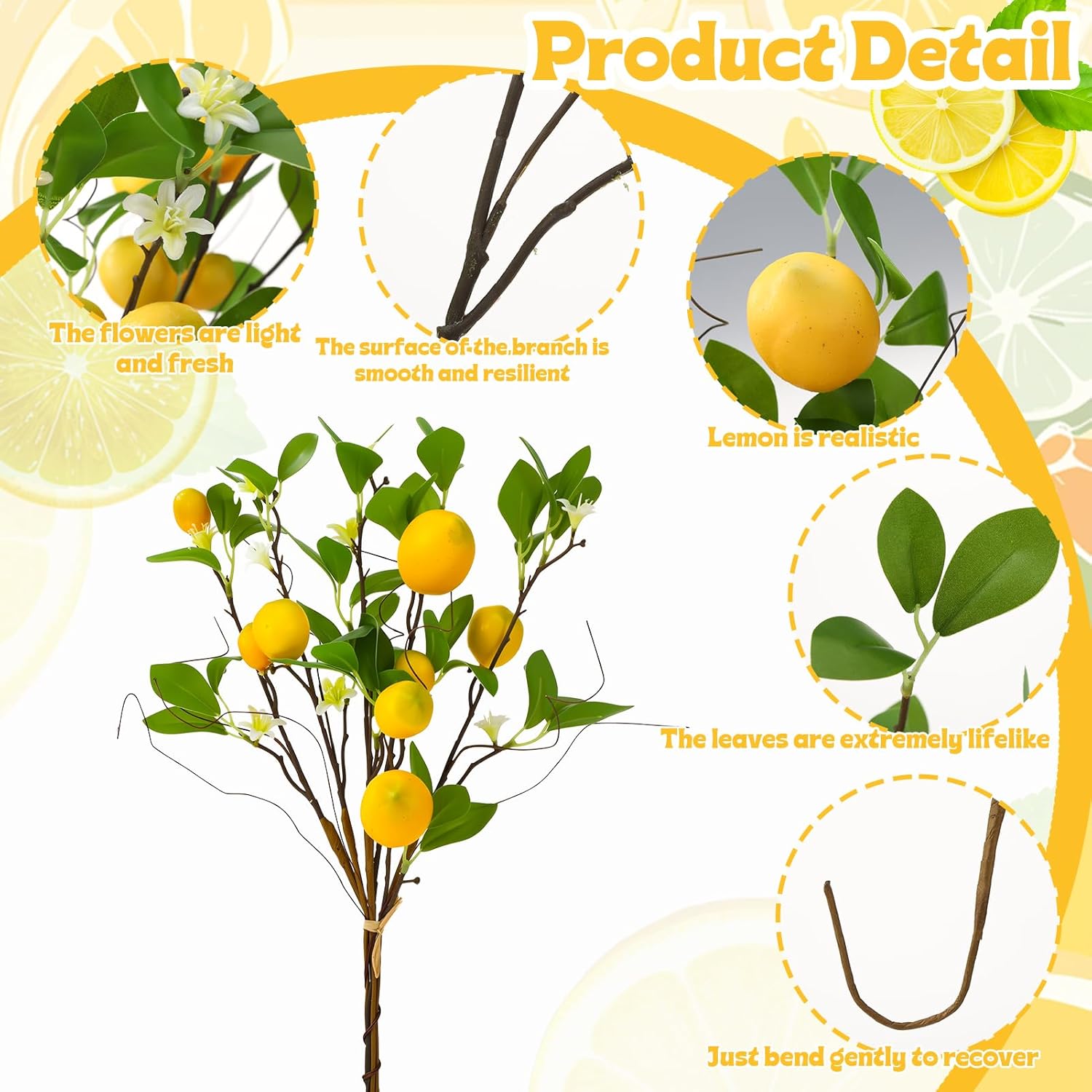 Artificial Lemon Branches 8 Heads per Stem 4 Pack Faux Lemons with Leaves Kitchen Table Centerpiece Decor Fake Lemon Tree for Vases Farmhouse Party Summer Home Yellow Decorations
