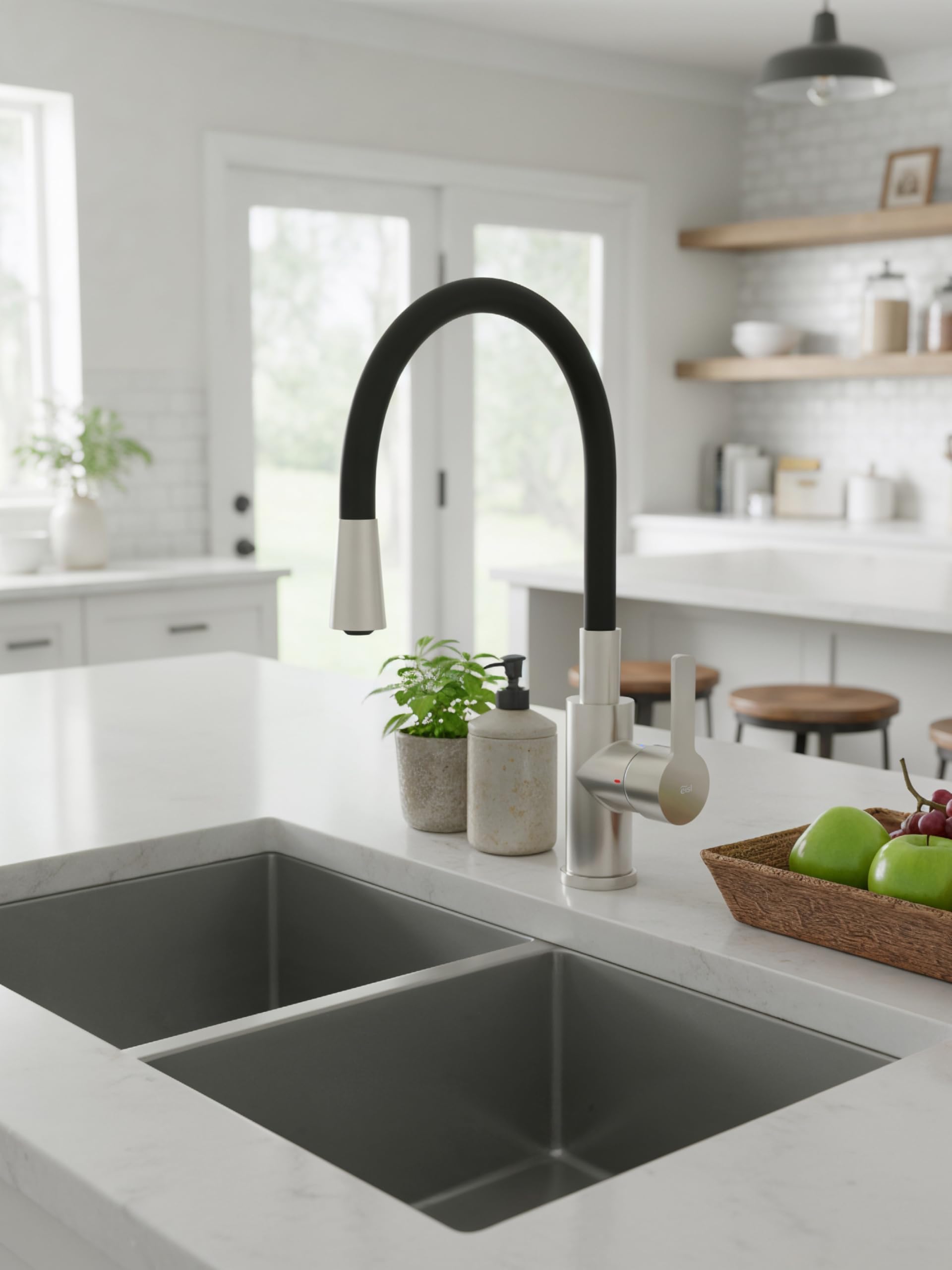 EISL Flexo Edelstahl/Schwarz Flexible Spültischarmatur Niederdruck, biegsamer Wasserhahn für die Küche, mit Soft-Touch-Schlauch, 360 Grad schwenkbar, Wasserhahn Küche flexibel, NI186FLNIB-LPU