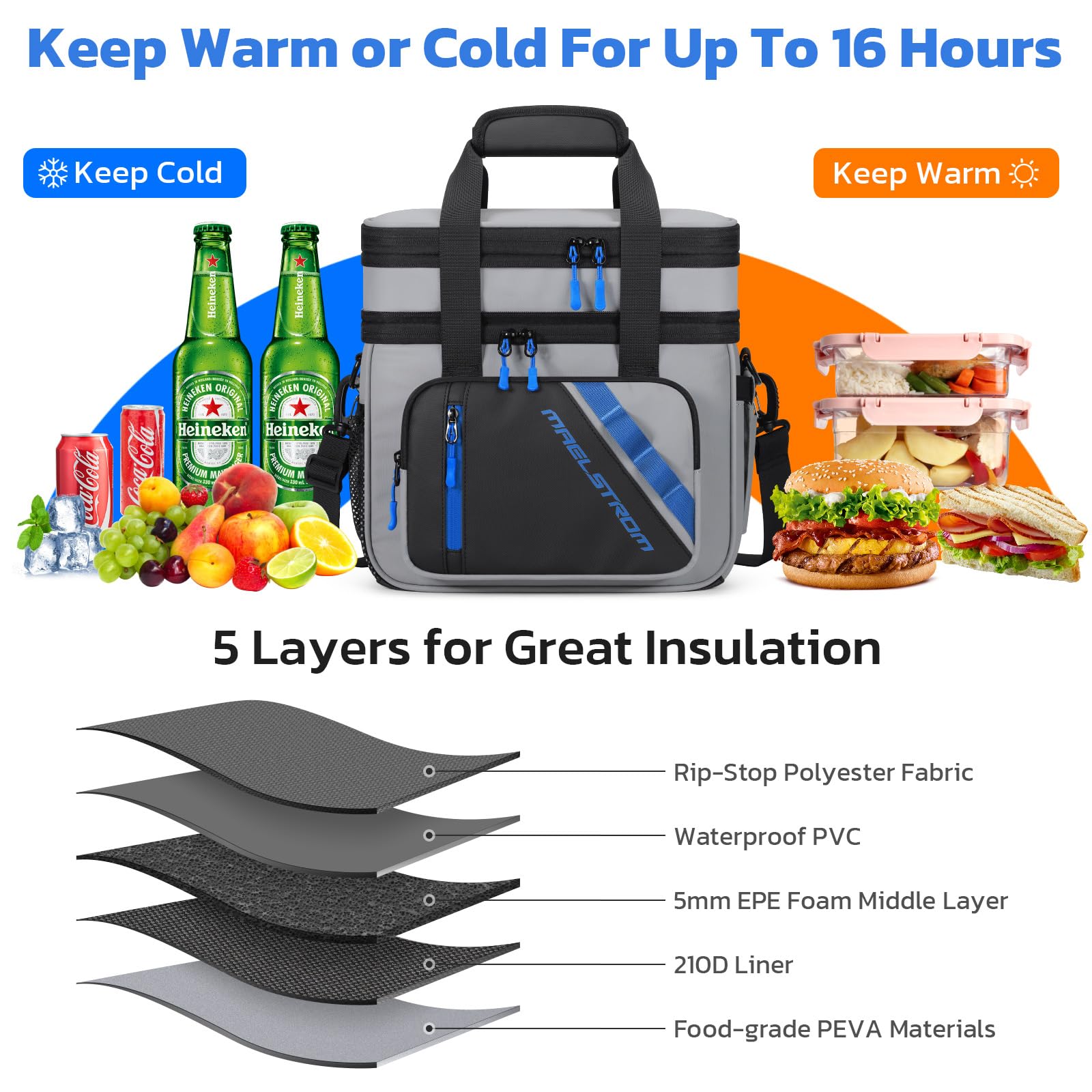 Maelstrom 20L Kühltasche, isolierte Lunch Tasche mit 2 Fächern | Erweiterbar, hält 16 Std. kalt, auslaufsicher, mehrere Taschen, leicht zu tragen, ideal für Arbeit, Reisen, Strand, Camping