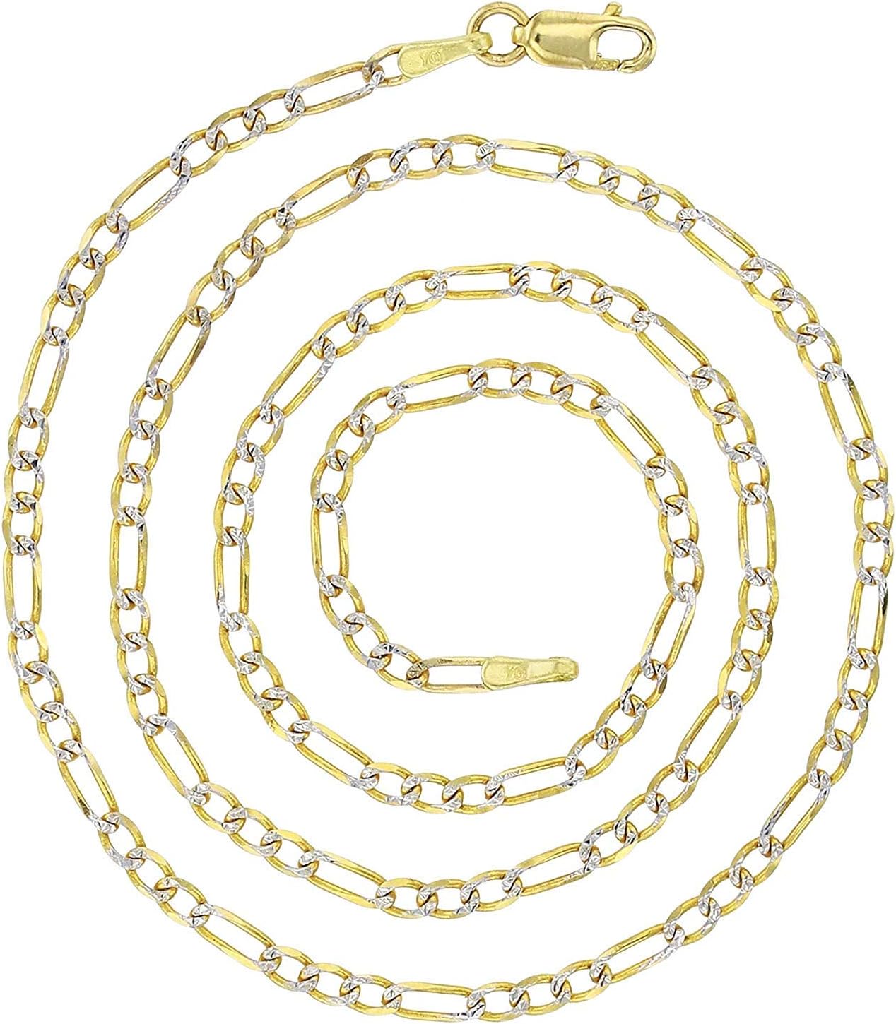 DECADENCE 14K Two Tone Solid Gold 2mm-12mm Figaro White Pave | Italian Gold Chains | Gold Figaro Bracelets for Men and Women