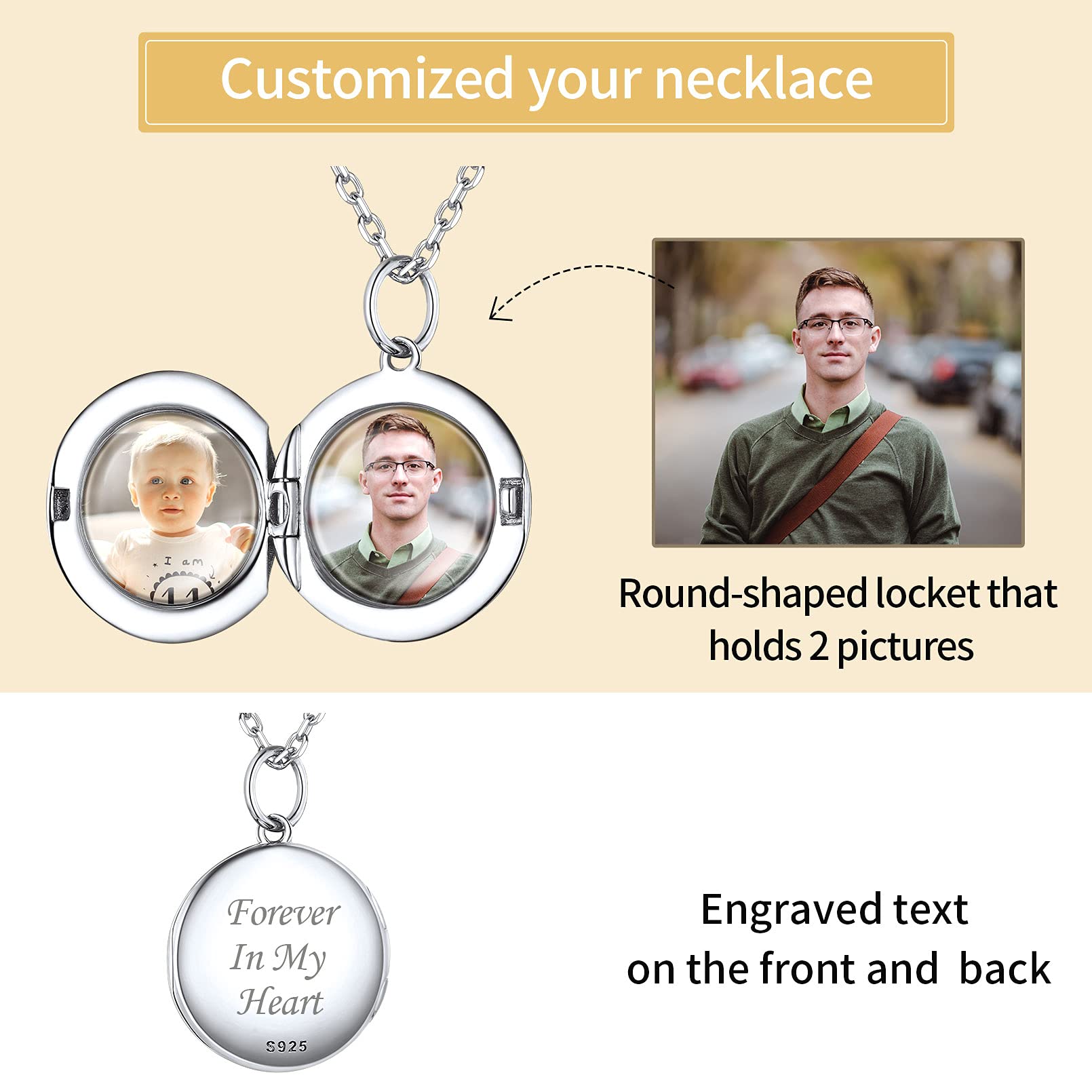 ChicSilver Collana Personalizzata Argento 925 con 2 Foto, Ciondolo Portafoto Personalizzato Argento Oro Rosa Lunga 40/45/55+5cm, Collana Cuore Ciondolo Personalizzato, Idee Regalo