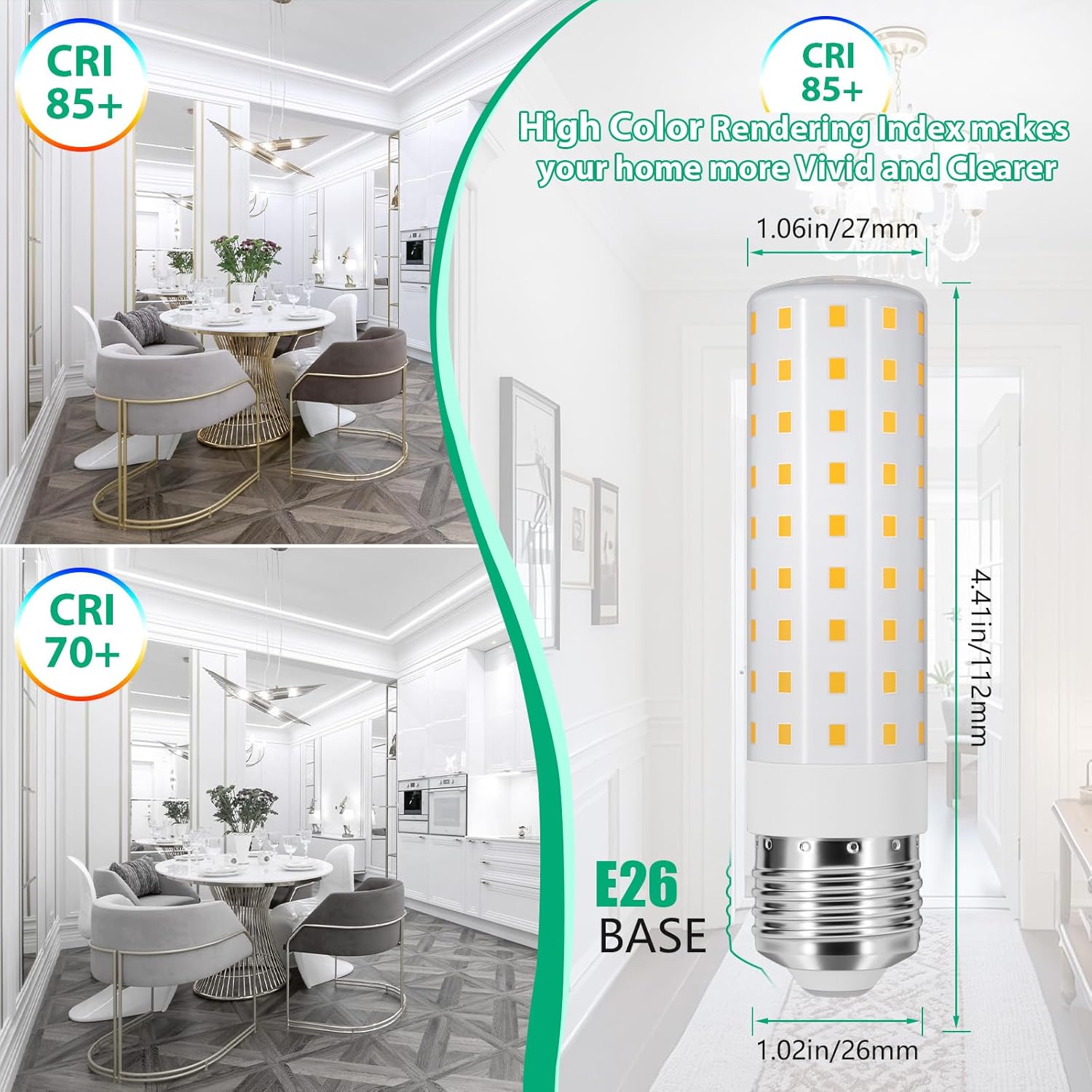 E26 100W Replacement LED Candelabra Corn Bulbs, 6000K Bright Daylight White, 12W 1600 Lumen, AC100-240V LED Light Bulbs for Ceiling Fan Chandelier Pendant Lighting, E26/E27 Base, 4 Pack