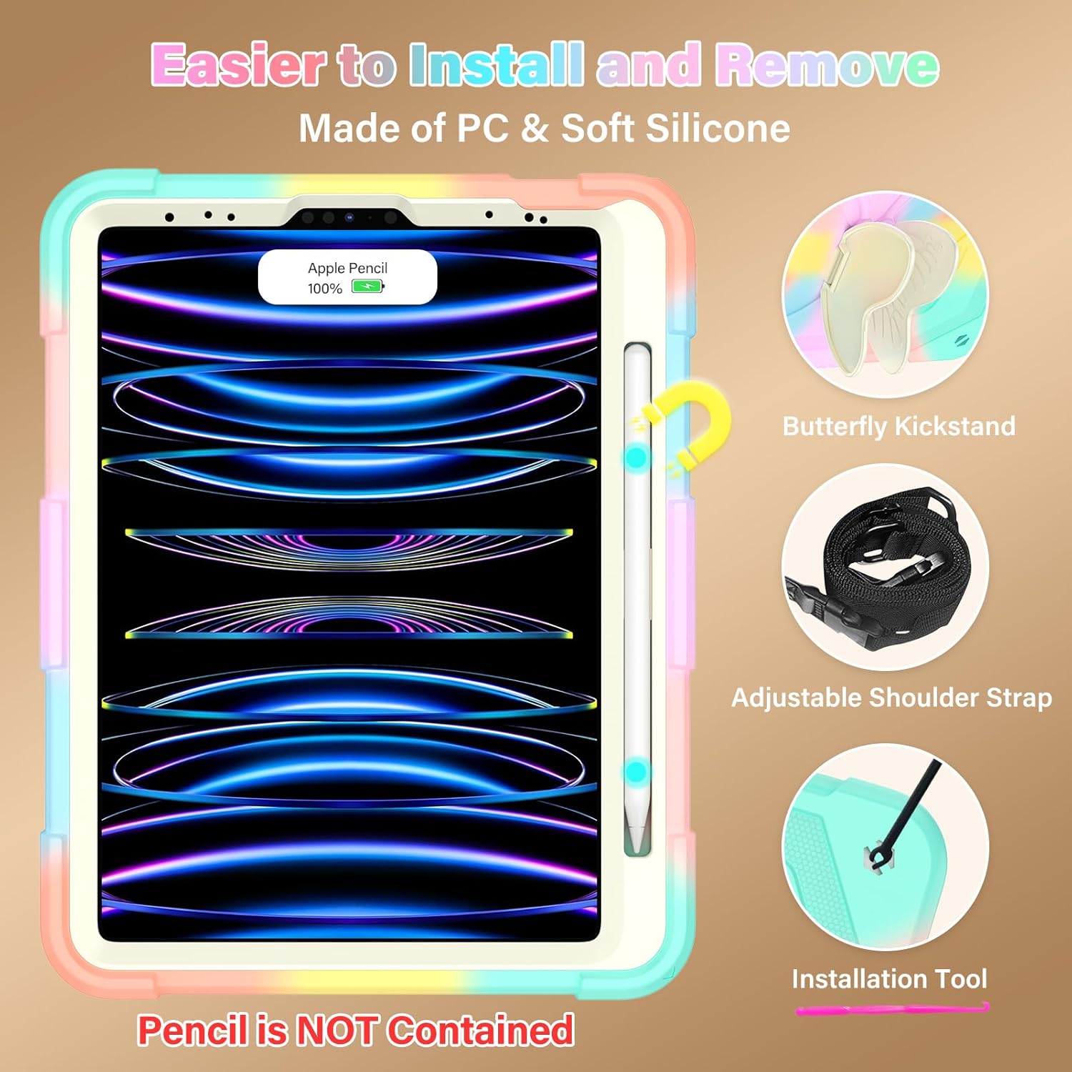 HOGENL for iPad Pro 11 inch Case for Kids Girl with Pencil Holder,for iPad Air 5th/4th Generation Case 10.9" with Butterfly Stand Shoulder Strap Protective Cover for pro 11 4th/3rd/2nd/1st, Colourful