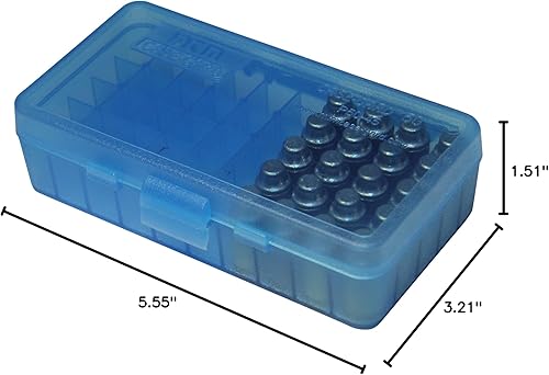 Vista 5 de MTM Caja para 50 municiones de punta redonda, calibre 40, 45, o 10 milímetros, con tapa. Azul traslúcido
