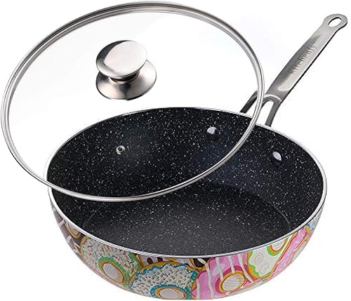 KITCHENLY Happy - Sartén y tapa antiadherente, sartén antiadherente profunda, utensilios de cocina de piedra, compatible con horno, eléctrico, gas e