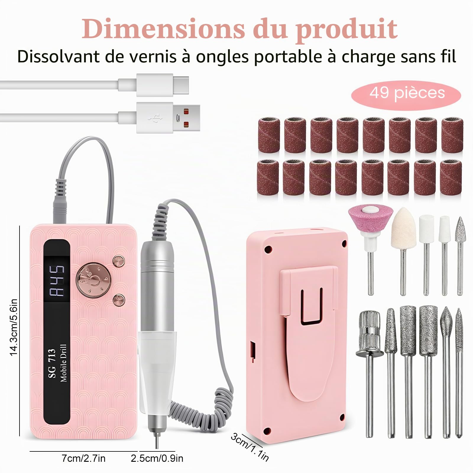 Ponceuse Pour Ongles, Professionnelle Rechargeable 45000 Tr Min, Lime a Ongle Electrique Portable Pour Gel et Acrylique, Ponceuse Ongle Sans Fil Avec Ecran Lcd, pour Salon Ou Maison, Couleur Rose