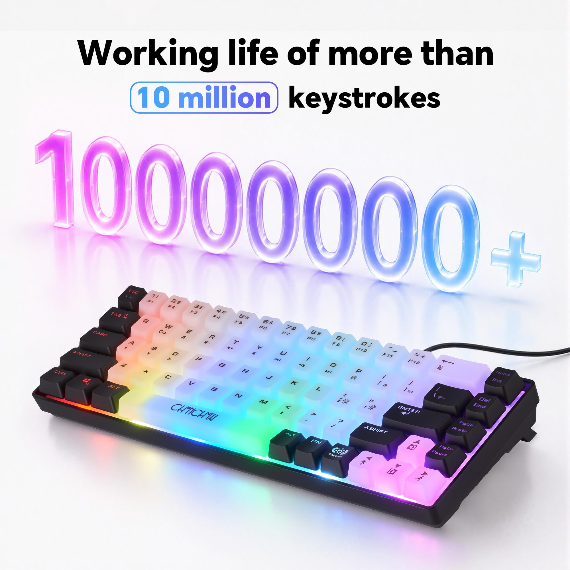CHONCHOW Teclado mini RGB 60% para juegos, 68 teclas, pequeño, compacto, USB, con cable, arco iris, iluminado, retroiluminado, para Xbox, PS4, PS5, PC, portátil, gamer (blanco-negro)