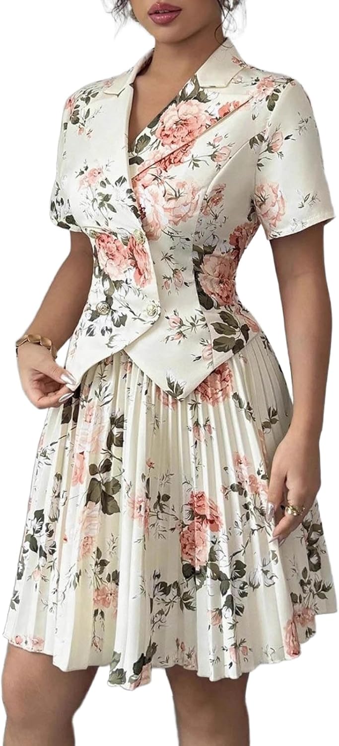 Women's Two-Piece Short Sleeved Floral Print Suit and mini Pleated Skirt Business Casual Set