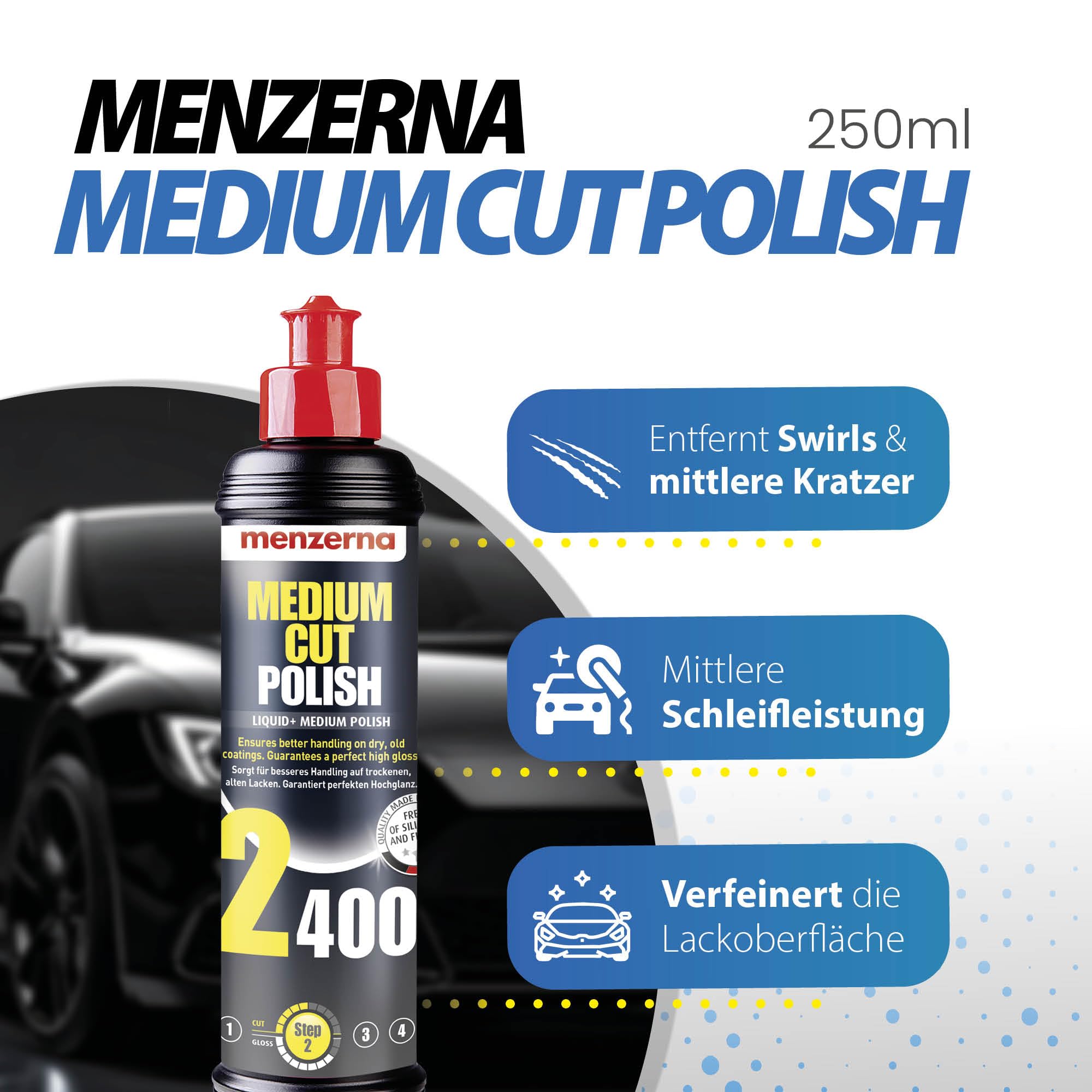 Detailmate Auto Politur Set - Menzerna Autopolitur - Super Heavy Cut Compund HC1000 + Medium Cut 2400 + Super Finish Plus SFP3800 + Liquid Carnauba Wachs + 4 passende Menzerna Pads + Poliertuch