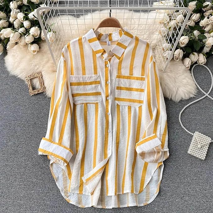 Image of ROYALICA Women's Orange & White Striped Cotton Blend Oversized Casual Shirt
