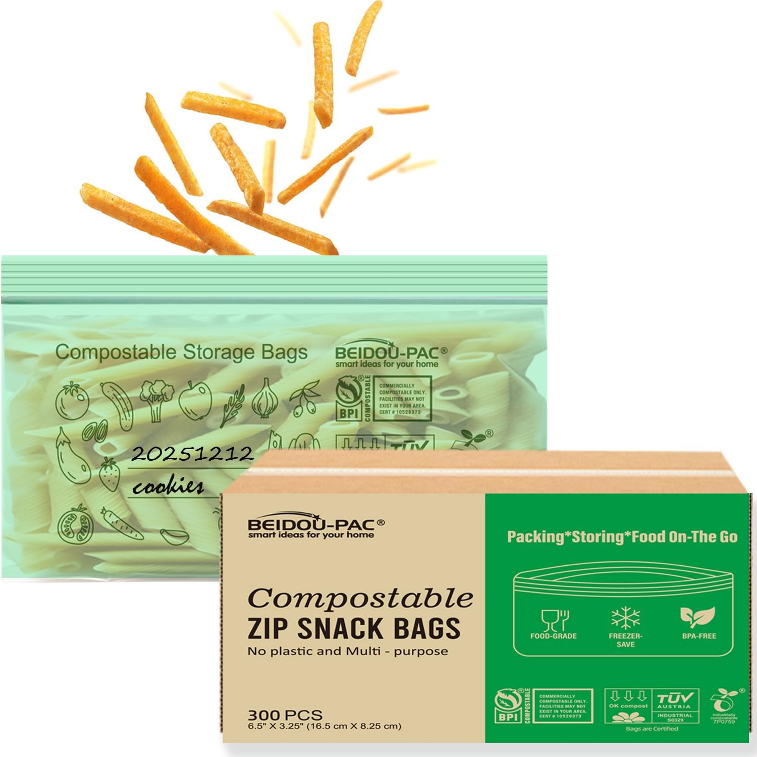 BEIDOU-PAC Compostable Snack Storage Zip Bags, 300 Count | 2 Mil | 6.5 IN x 3.25 IN, Freshness Easy Open Biodegradable Eco-Friendly Reclosable Compost zipper Bags for Food On the Go