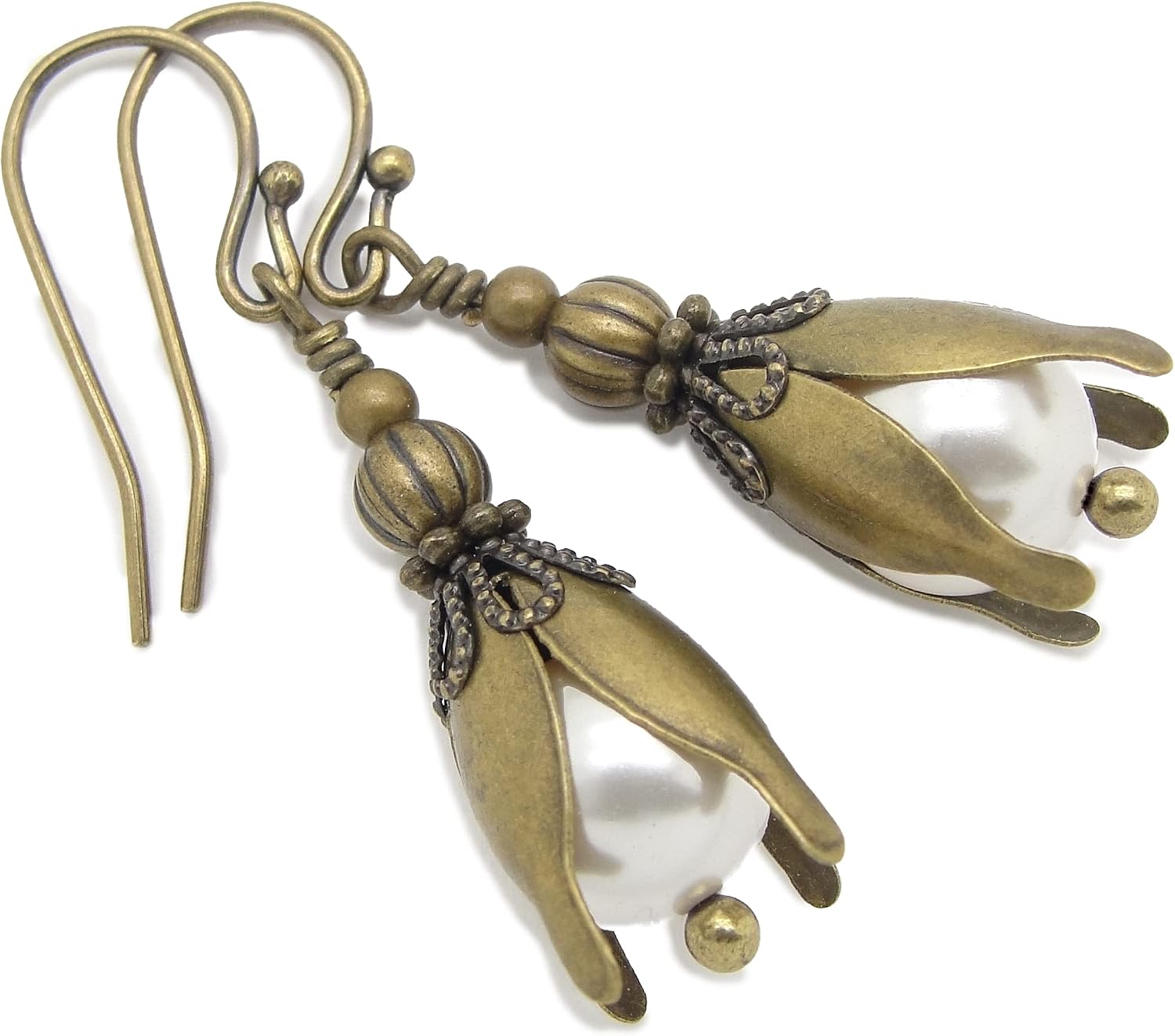 Earrings with Brass Flowers and Cream Manmade Crystal Simulated Pearls
