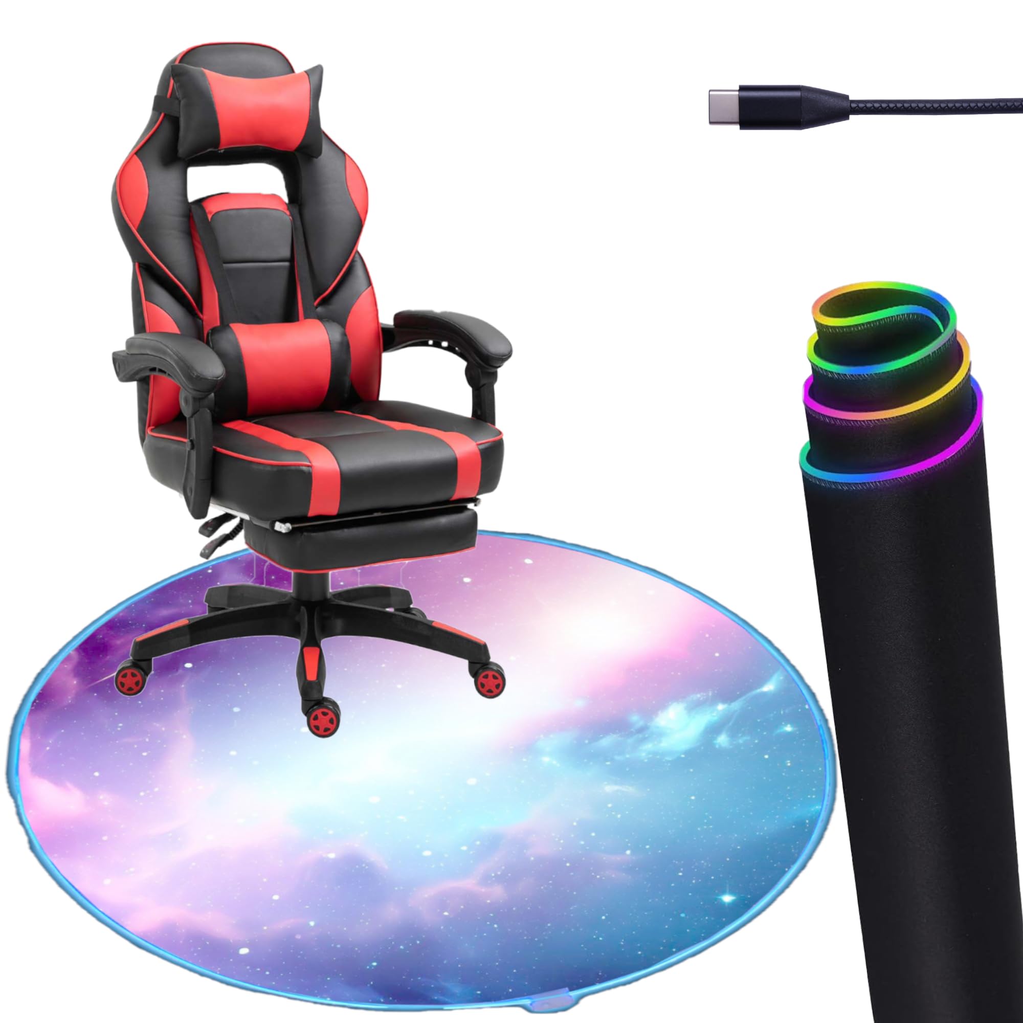 Gaming Chair Mat Circle RGB Color Light - Noise Cancelling, Anti-Slip Gaming Floor Mat – Scratch Resistant Computer Gaming Mat for Gaming Chair – Chair Mat for Hardwood Floor (Galaxy 39”)