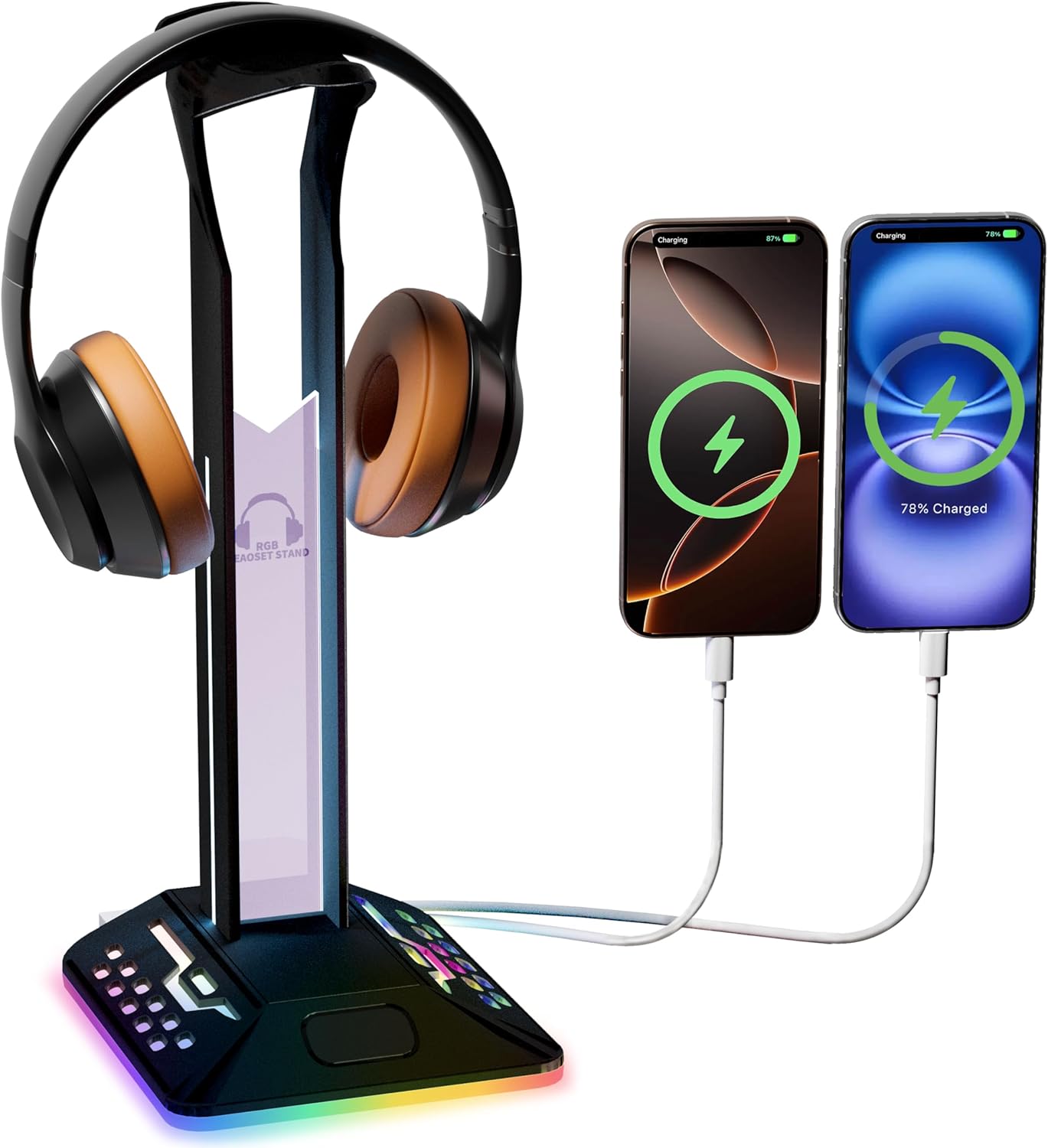 RGB Headphone Stand with 2 USB 2.0 Extension Charging Port Extender Cord,Desk Gaming Headset Holder,Cool LED Headphone Holder PC Gaming Accessories,Gamer Gifts