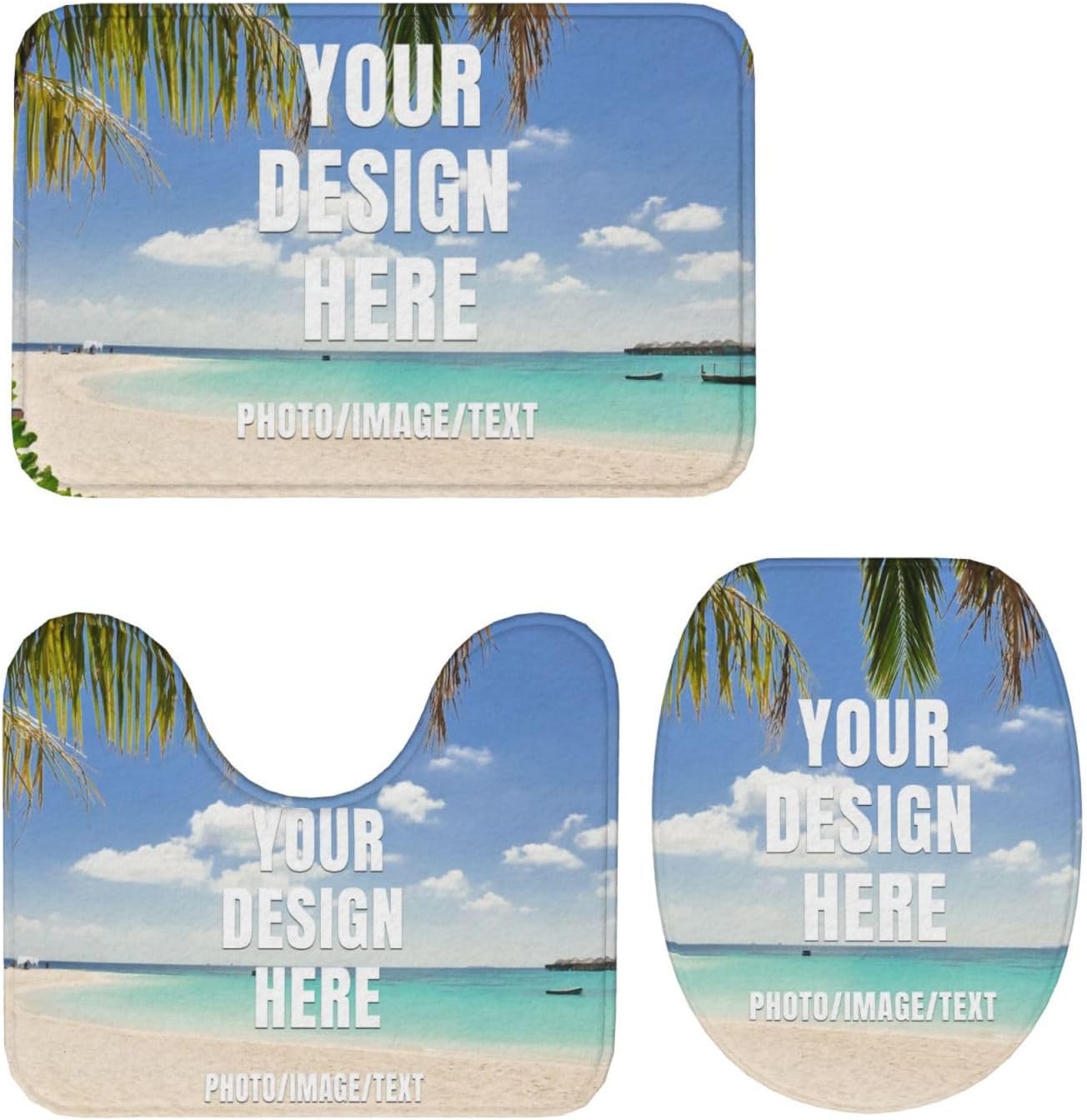 Custom 3 Pieces Bath Mat Set Personalized Non-Slip Bath Rugs/U Contour Rug/Toilet Lid Cover Customized Photo/Text Washable Bathroom Floor Mat Home Decor