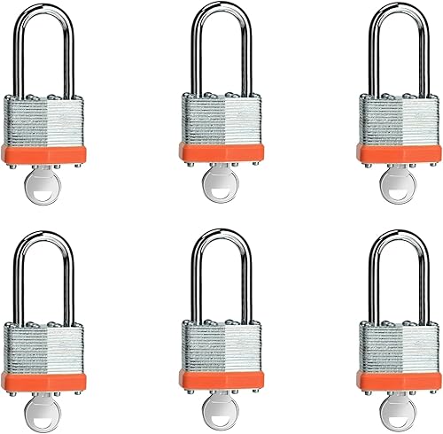 Candado laminado con llave (1-916 pulgadas, 1.575 in), cerraduras iguales con llave, aro naranja, grillete largo, paquete de 6, cerradura para