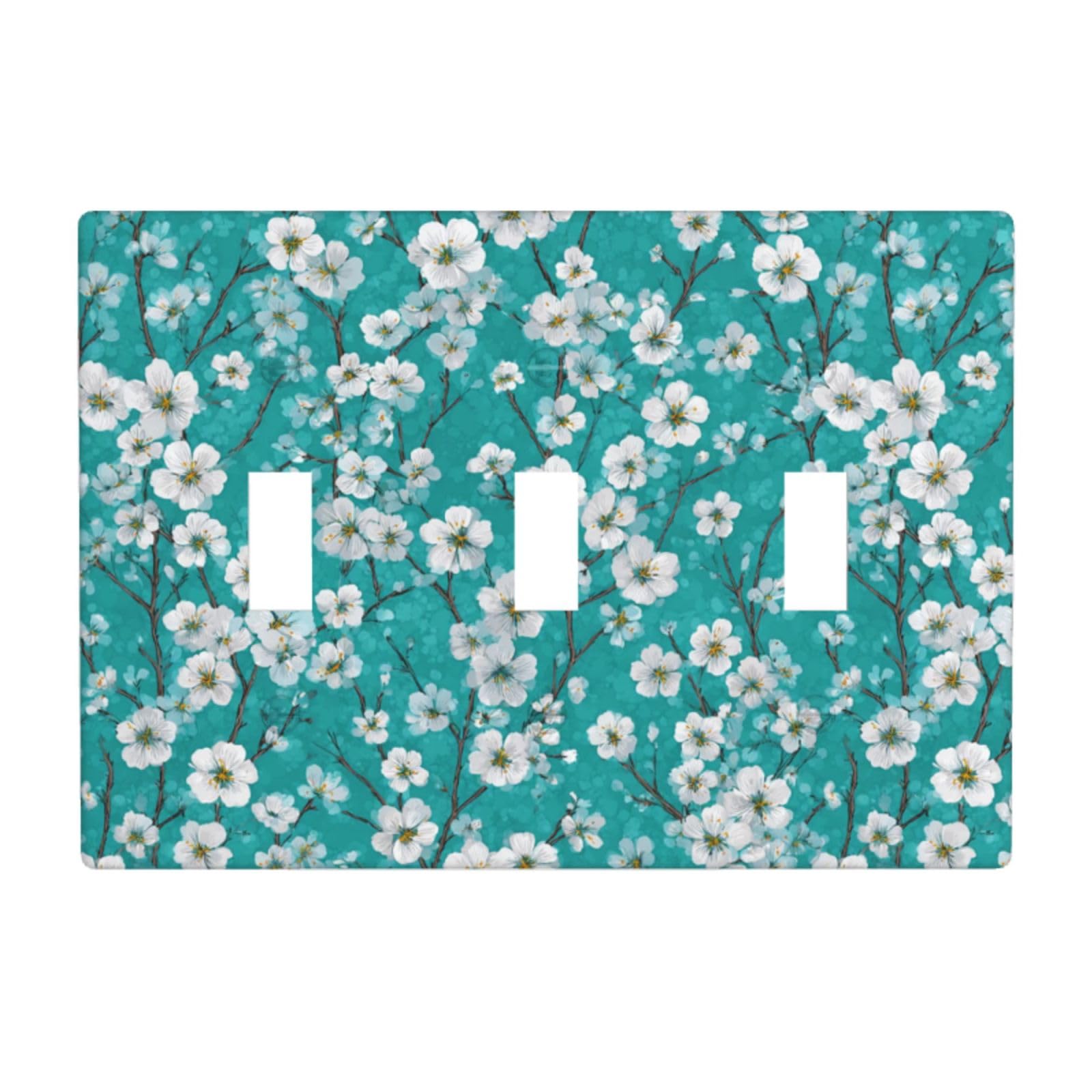 Cherry Pattern Teal and White Light Switch Covers 3 Gang Triple Toggle Wall Plate Switchplate Electrical Faceplate for Bathroom Kitchen Bedroom Decor
