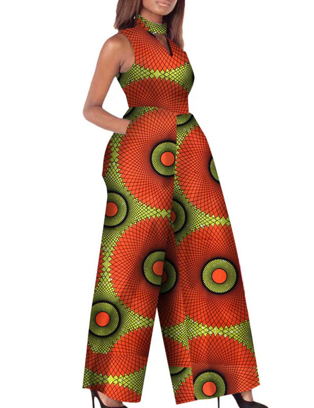 iooiooiWomens Elegant Sleeveless Party African Ankara Print Wide Leg Jumpsuits