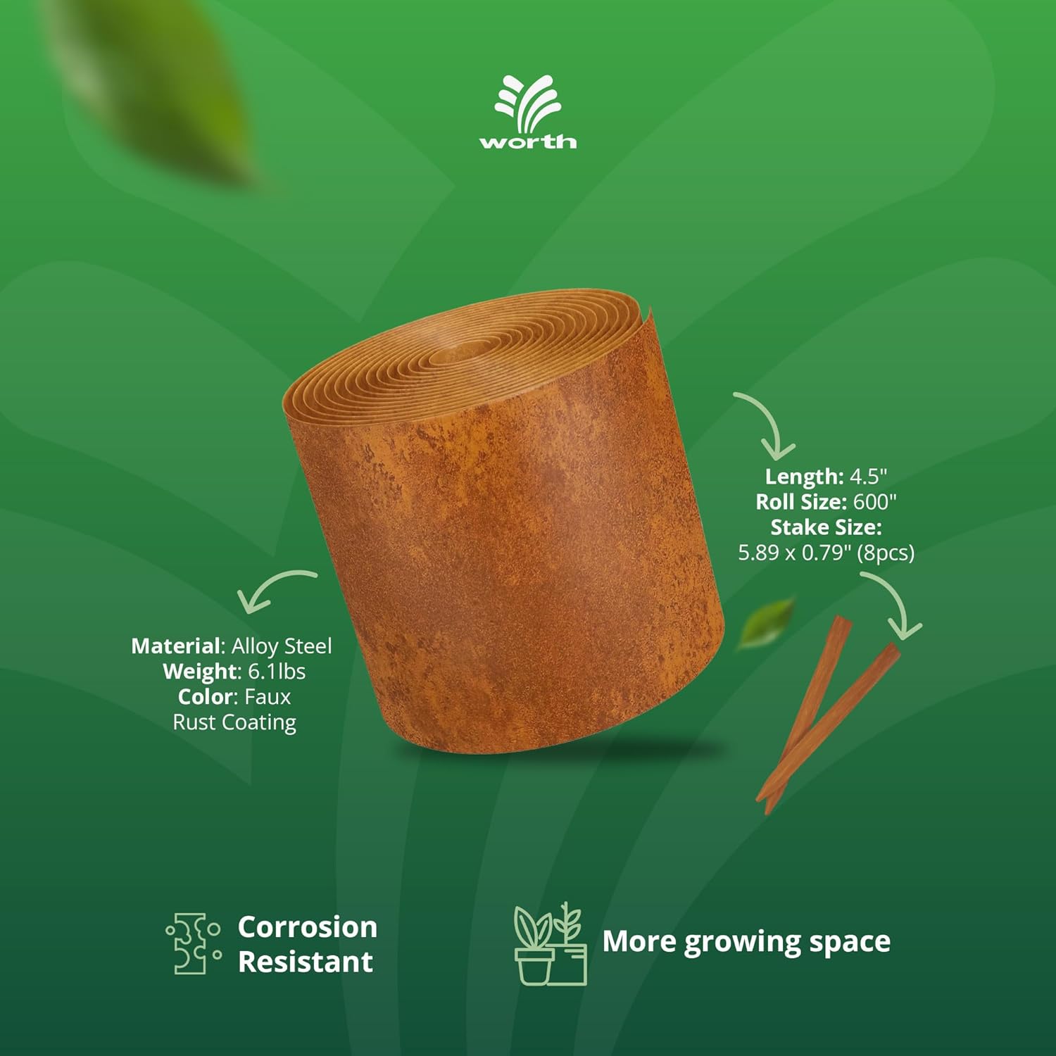 Worth Galvanized Steel Landscape Edging Roll, Flexible Metal Garden Border Fence with 16 Stakes for Lawn, Flower Bed, Yard, 4.5 Inch x 50 Foot, Rust