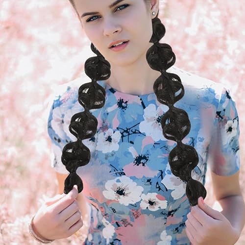 Miniatura 2 de 2 piezas de peluca de burbujas trenzadas cola de caballo linternas decorativas negro Cosplay peluca sintética trenza cola de caballo extensiones de