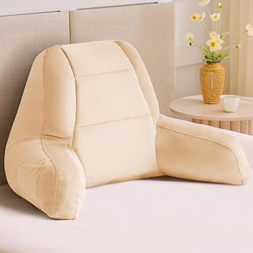 IASEAHK Reading Pillows for Sitting in Bed Adult, Back Pillow for Bed Sitting Up, Backrest Pillows with Shredded Foam for Adult&Teens, Support Pillow with Arms for Beds, Couch, Floor, 24in, Beige