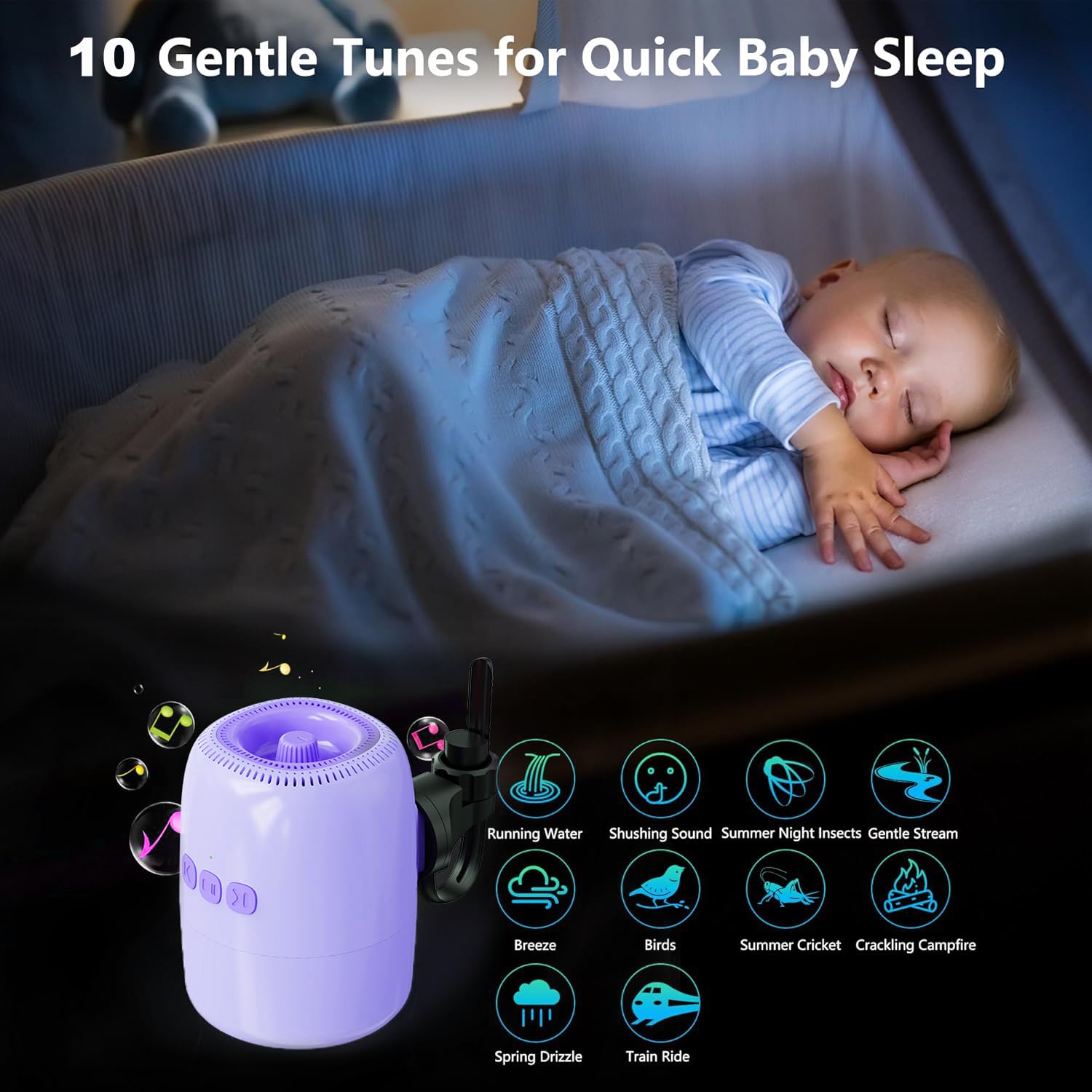 Baby Rocker Recargable, Mecedora Carro Bebe con 5 Niveles de Balanceo y Ruido Blanco - Ajustable, Ultra Silencioso, USB-C, 2 Soportes Universales para Todos los Cochecitos (Rosa) (Morado)