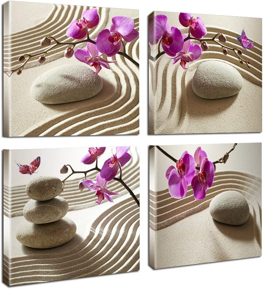Canvas Wall Art-Leisure Zen Relaxation Spa Massage Treatment Theme Prints 4 Piece Elegant Purple Phalaenopsis Orchids Decor Giclee Artwork Massage Stone Modern Artwork Sand Road Pictures Ready to Hang