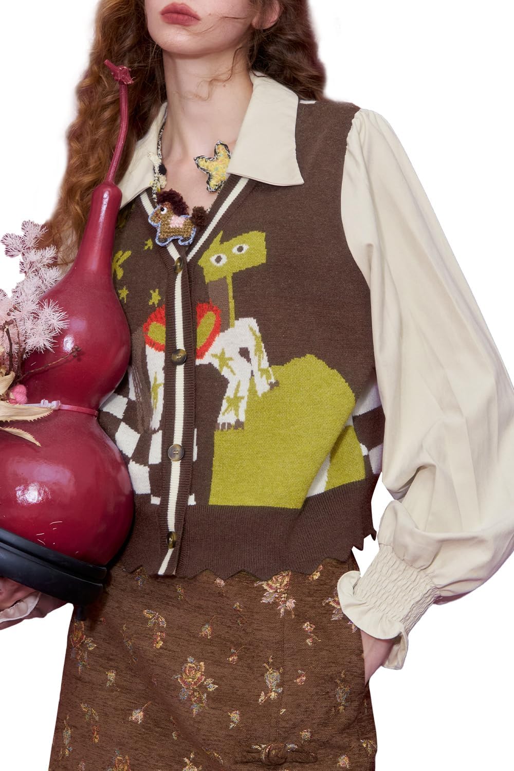 Women's Cartoon Patchwork Knit Cardigan, Long Sleeve V-Neck Sweater with Fun Graphic Print