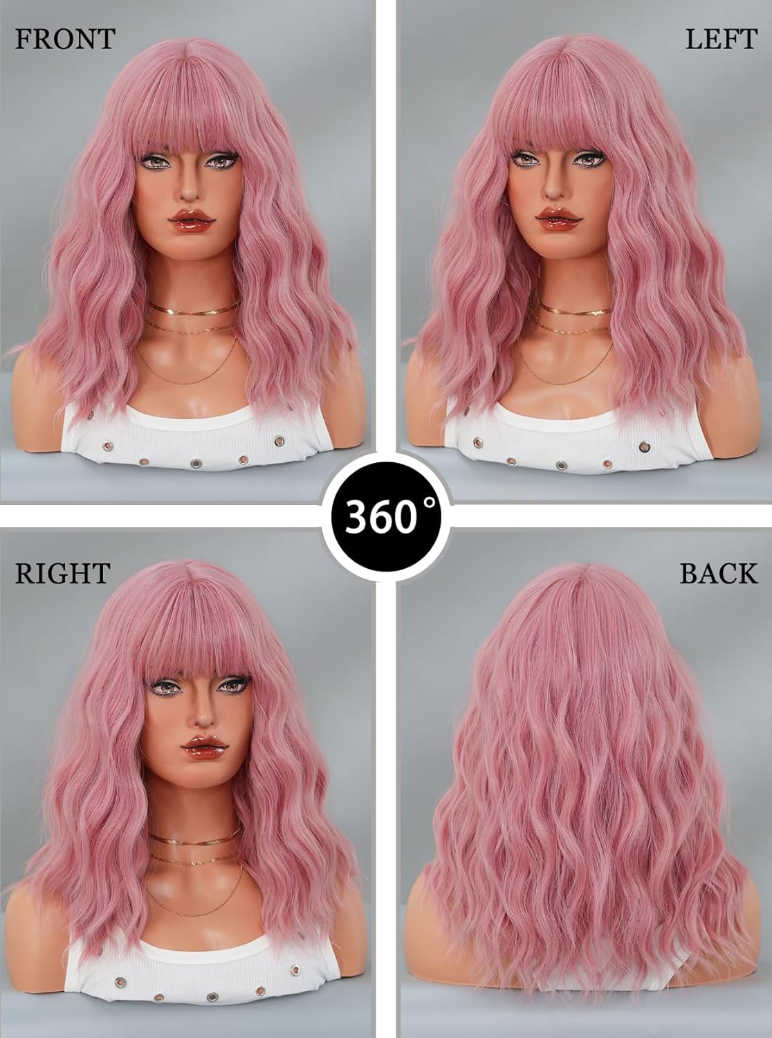 Wavy Pink Wig with Bangs 18 Inch Neon Pink Hair Synthetic Heat Resistant Pastel Wig Shoulder Length for Women Cosplay Christmas Gifts Party used.