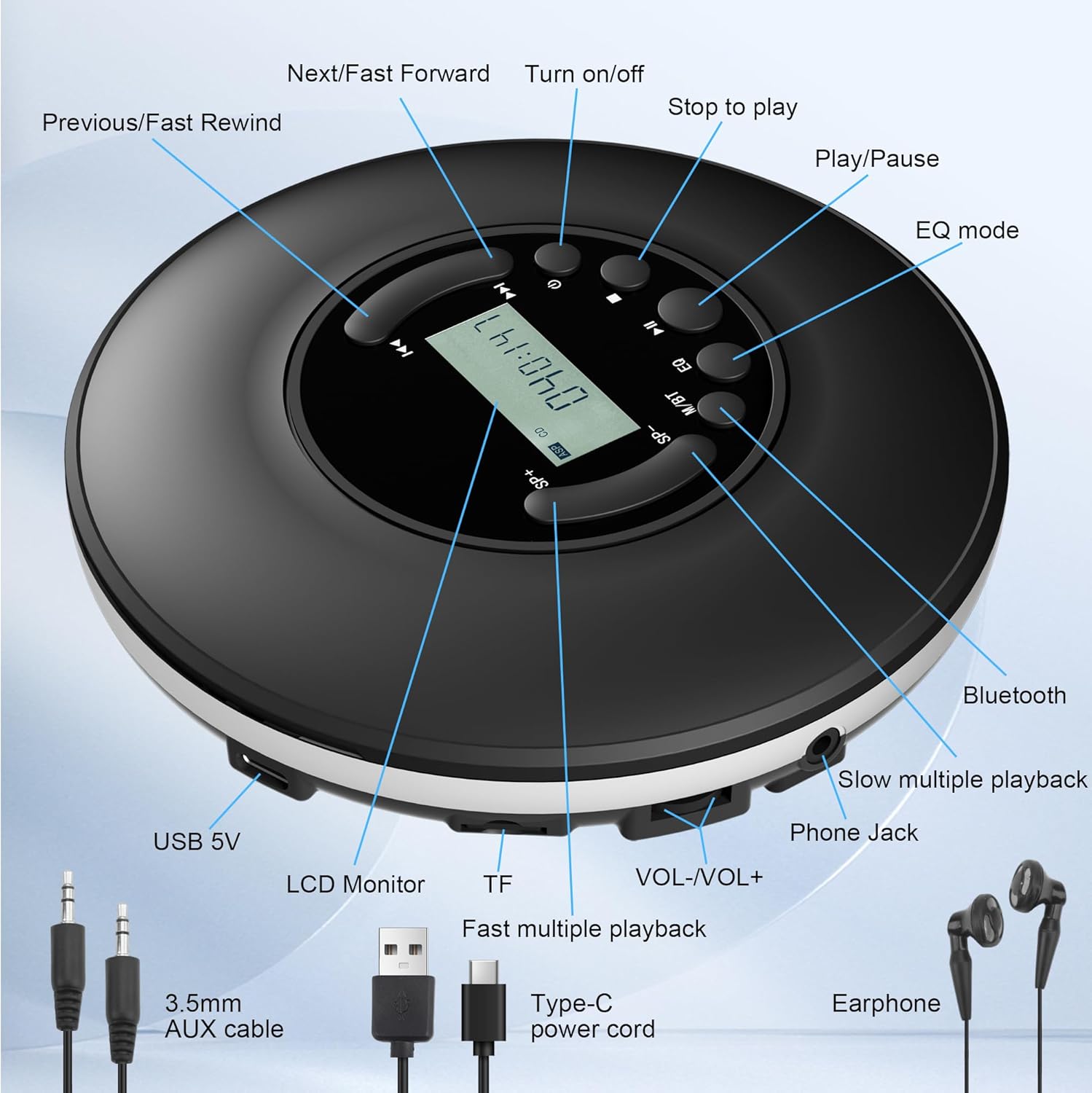 CD Player Portable, Discman with Stereo Earbuds and Bluetooth Output, Anti-Skip Shockproof Walkman, Compact and Lightweight, Power DC or 2xAA Battery