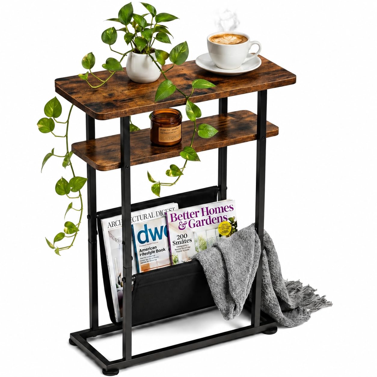 Table d'appoint fine pour petits espaces – Table d'appoint 2 en 1 avec porte-revues – Marron rustique