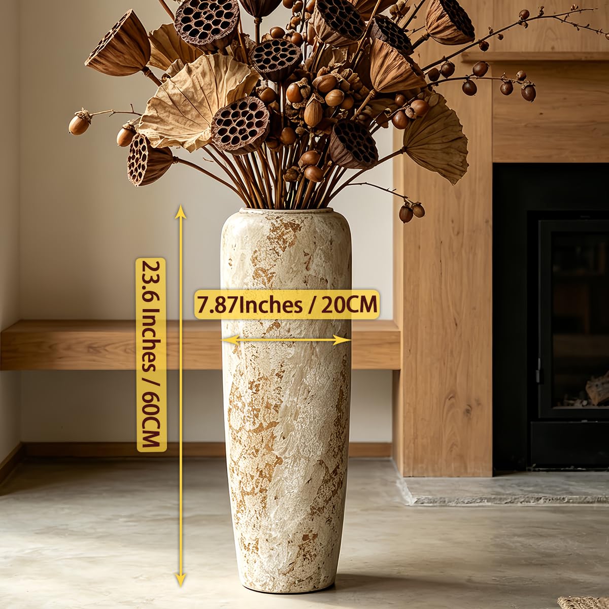 Boho Bodenvase aus Keramik, 60 cm, Rustikale Vintage Vase für Wohnzimmer Dekoration, Pampasgras oder Trockenblumen, Perfekt für Regale und Tische
